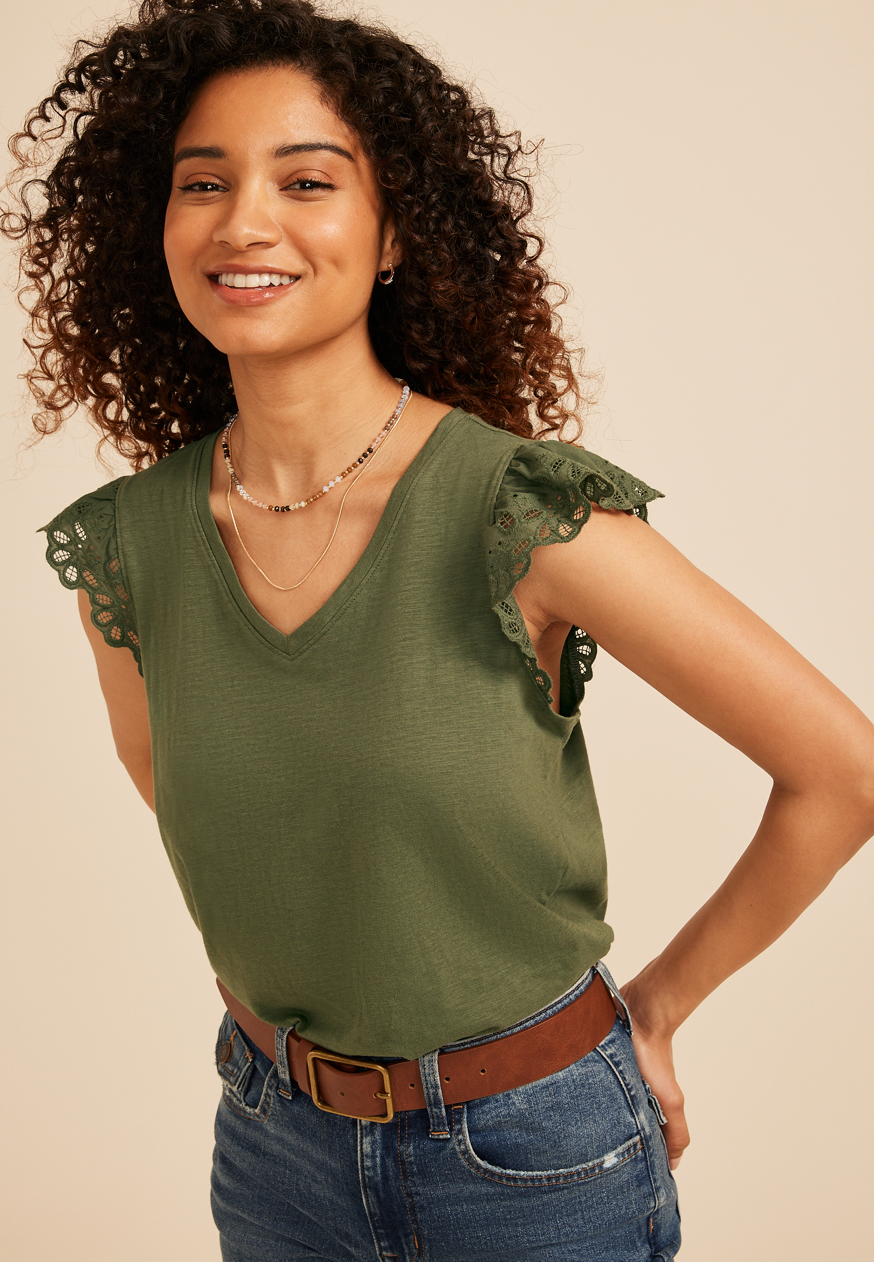 Eyelet Flutter Sleeve Tee