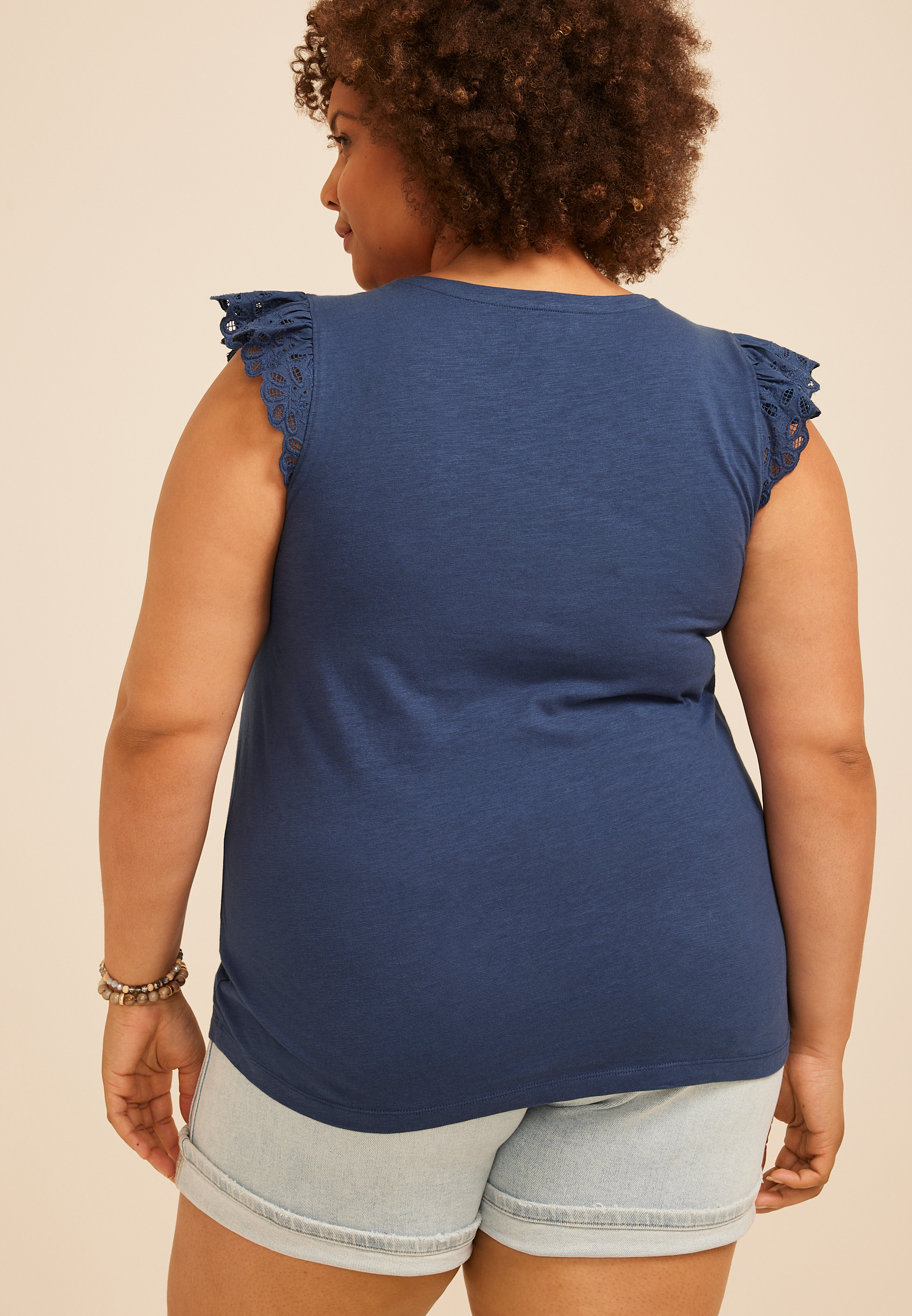 Plus Size Eyelet Flutter Sleeve Tee, C1605, large