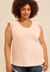 Plus Size Eyelet Flutter Sleeve Tee, C5197, small