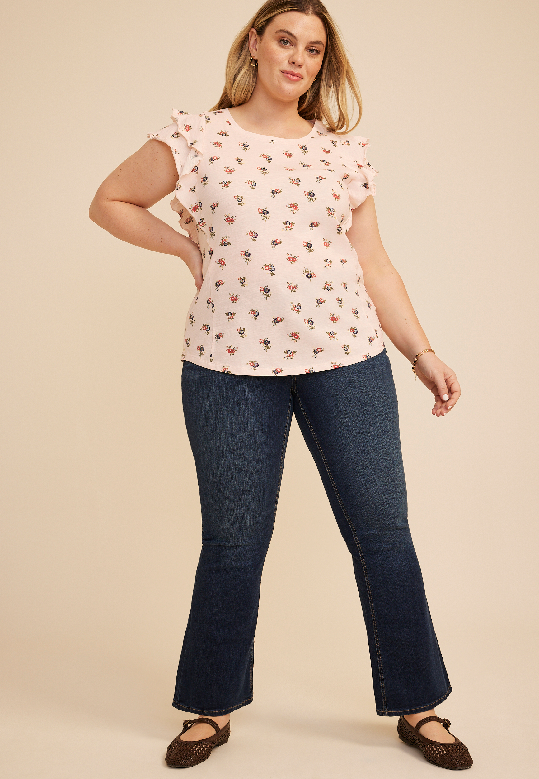 Plus Size 24/7 Floral Double Flutter Sleeve Tee