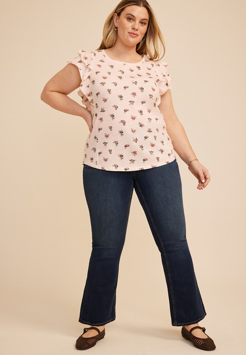 Plus Size 24/7 Floral Double Flutter Sleeve Tee | maurices