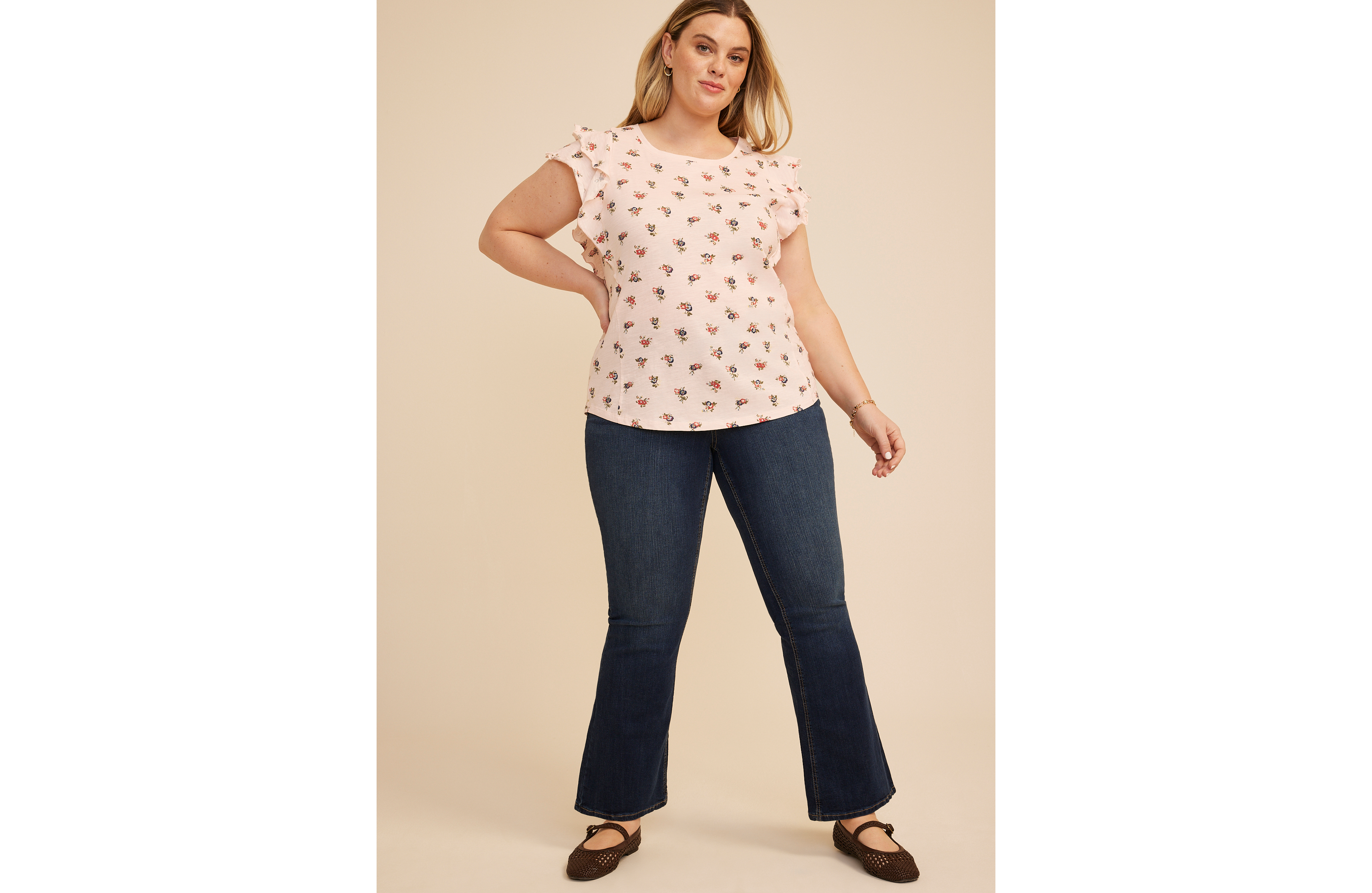 Plus 24/7 Floral Double Flutter Sleeve Tee