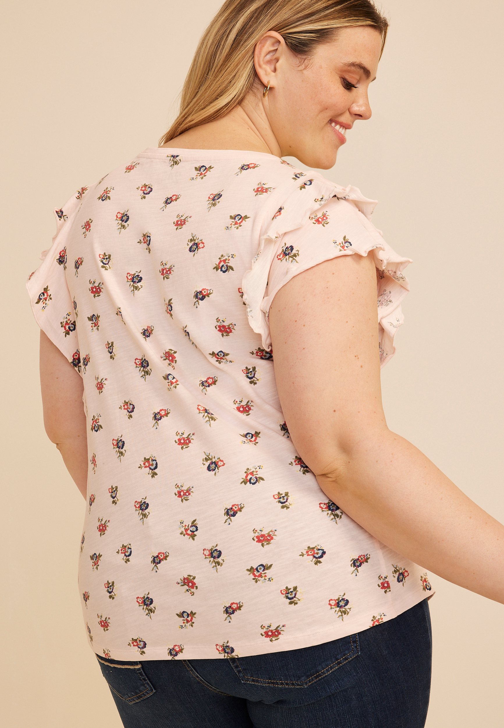 Plus Size 24/7 Floral Double Flutter Sleeve Tee, C5974, large