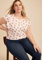 Plus Size 24/7 Floral Double Flutter Sleeve Tee, C5974, small
