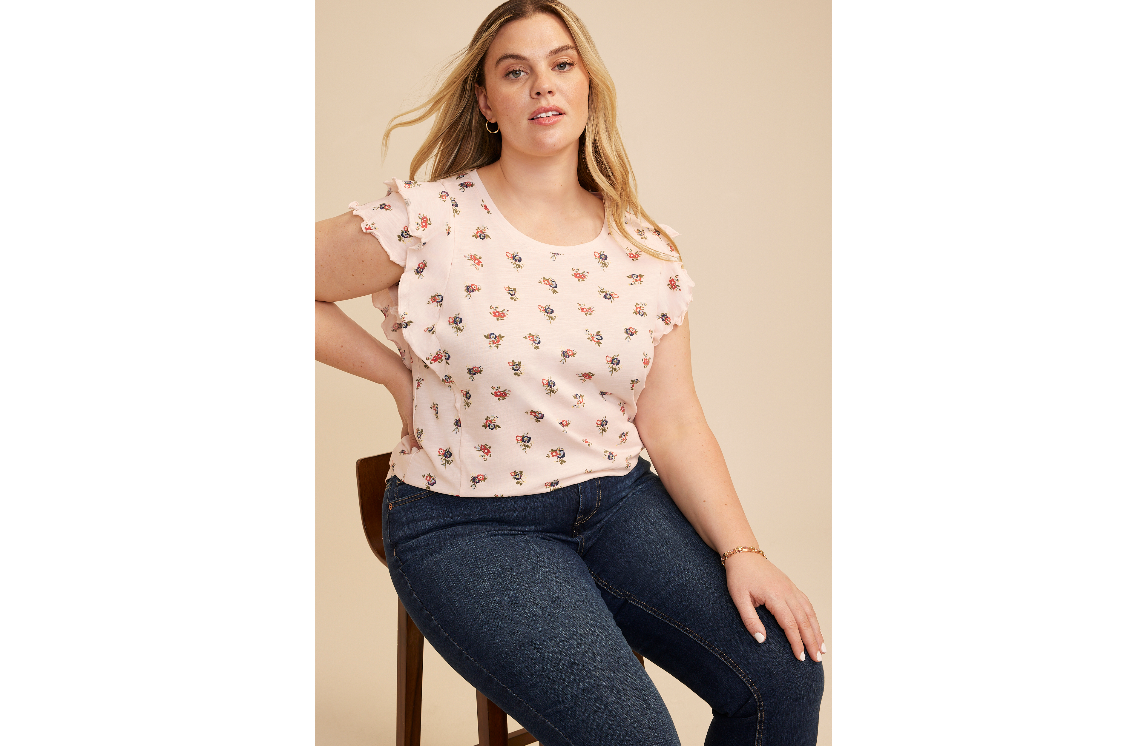 Plus 24/7 Floral Double Flutter Sleeve Tee