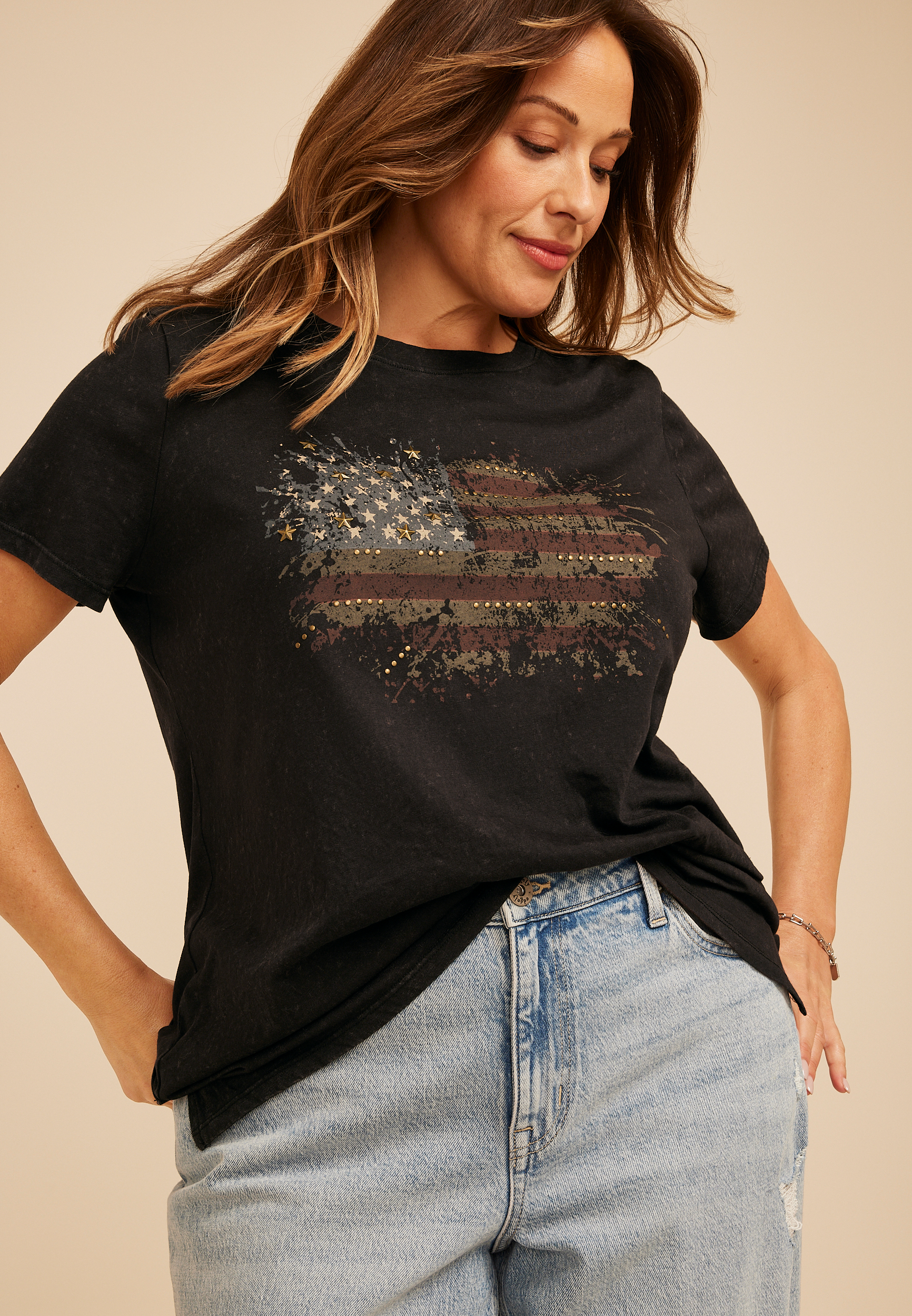 Plus Size Americana Splatter Flag Classic Fit Graphic Tee, C106, large