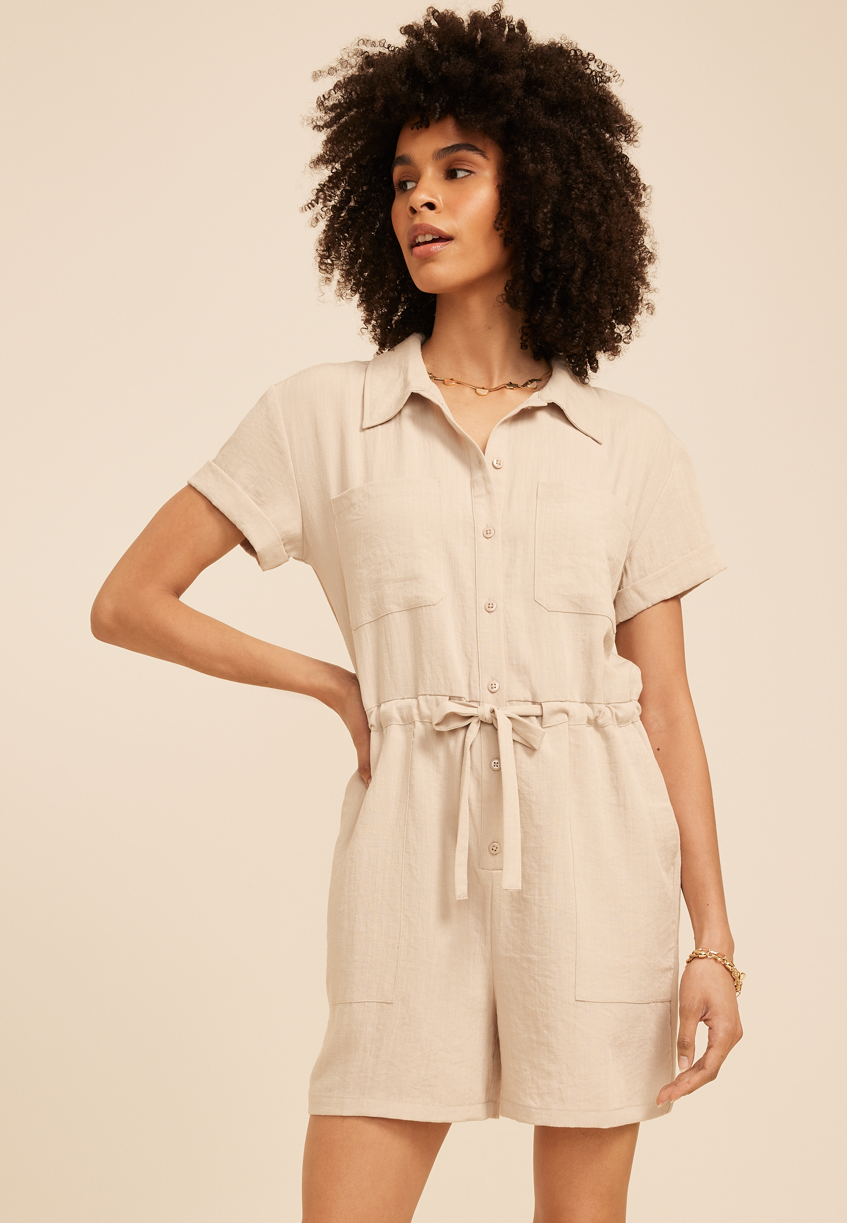 Short Sleeve Button Down Utility Romper - thumbnail 6