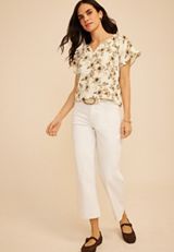 Floral Notch Neck Flutter Sleeve Blouse, C1524, small