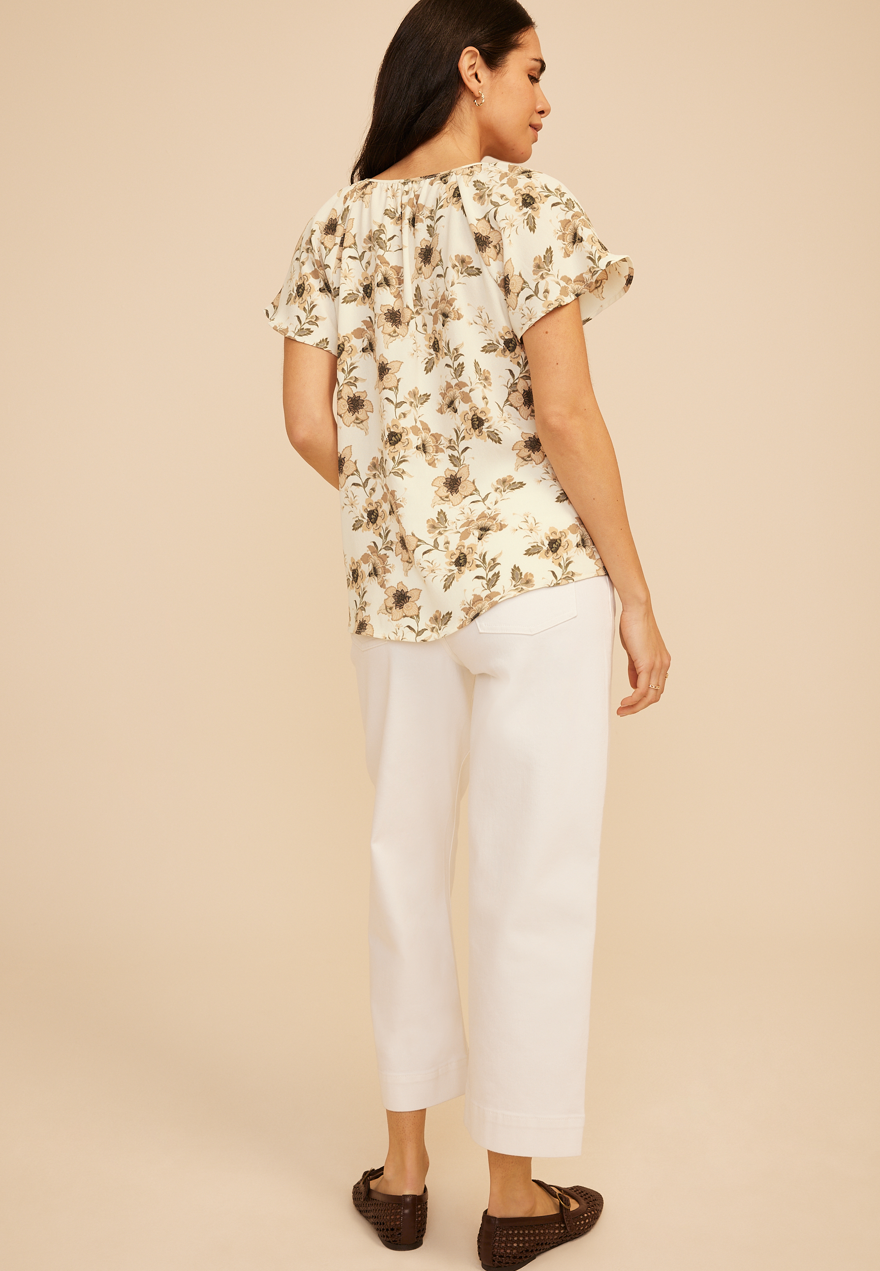 Floral Notch Neck Flutter Sleeve Blouse, C1524, large