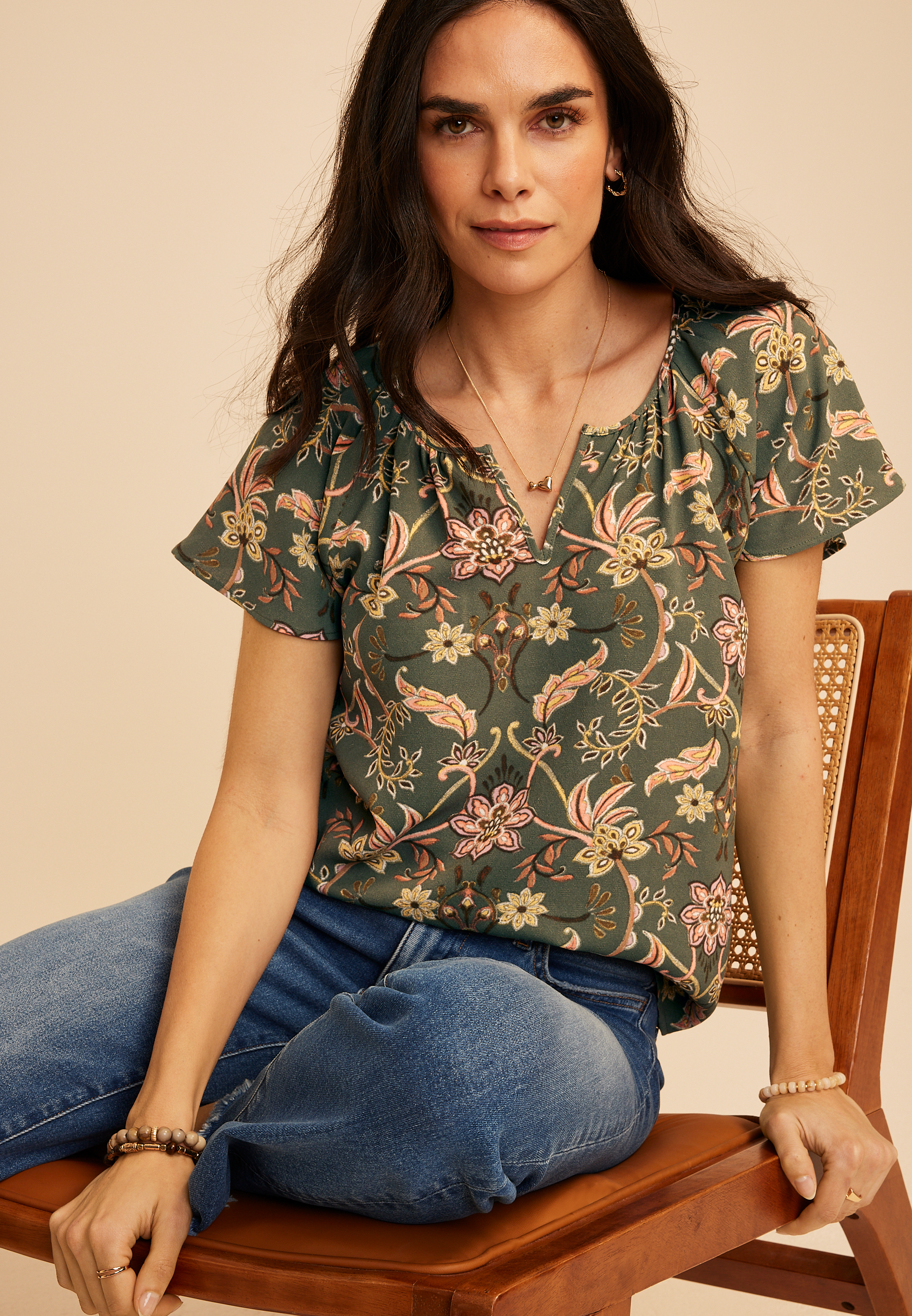 Floral Notch Neck Flutter Sleeve Blouse
