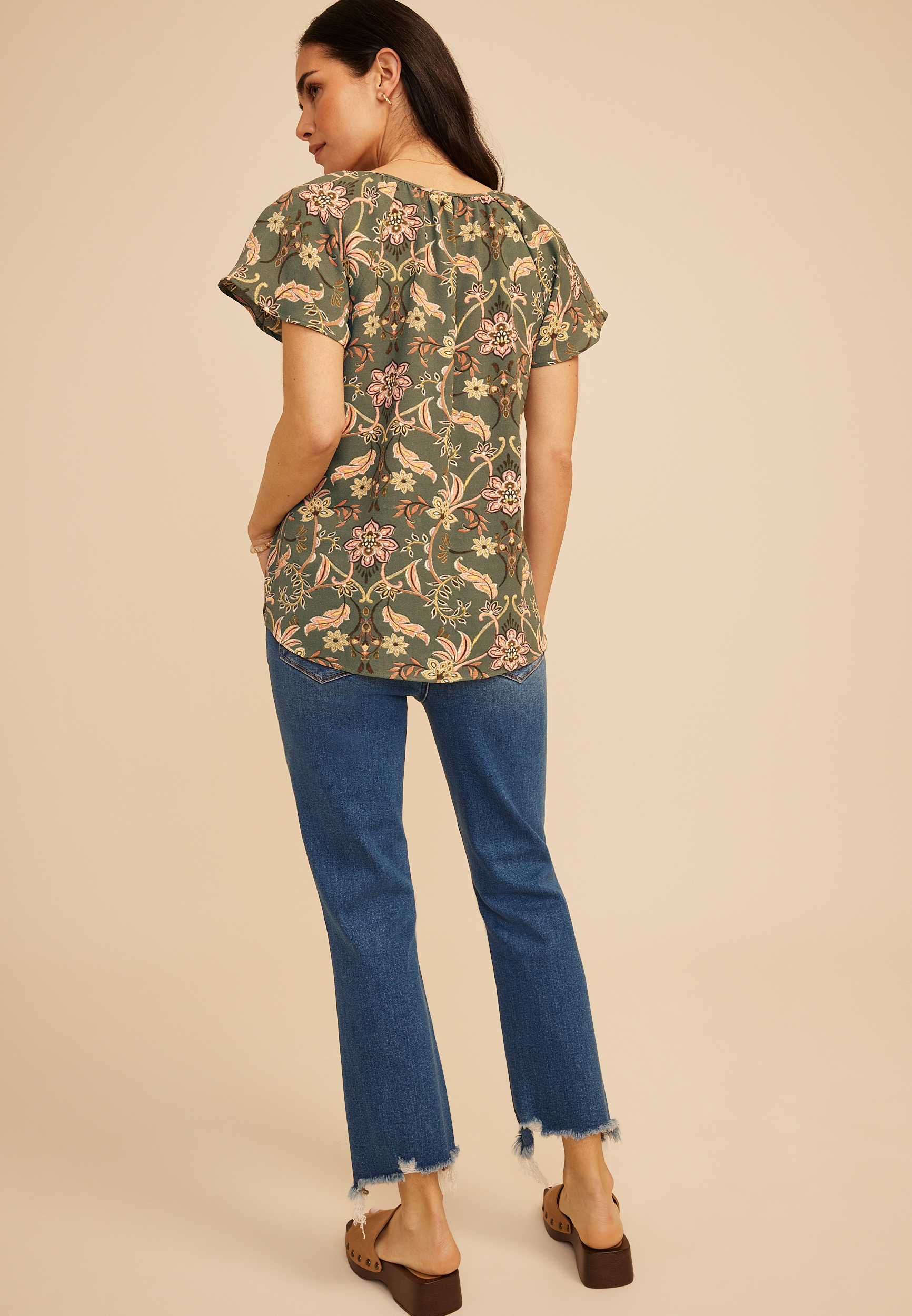 Floral Notch Neck Flutter Sleeve Blouse - thumbnail 2