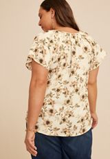 Plus Size Floral Notch Neck Flutter Sleeve Blouse, C1524, small