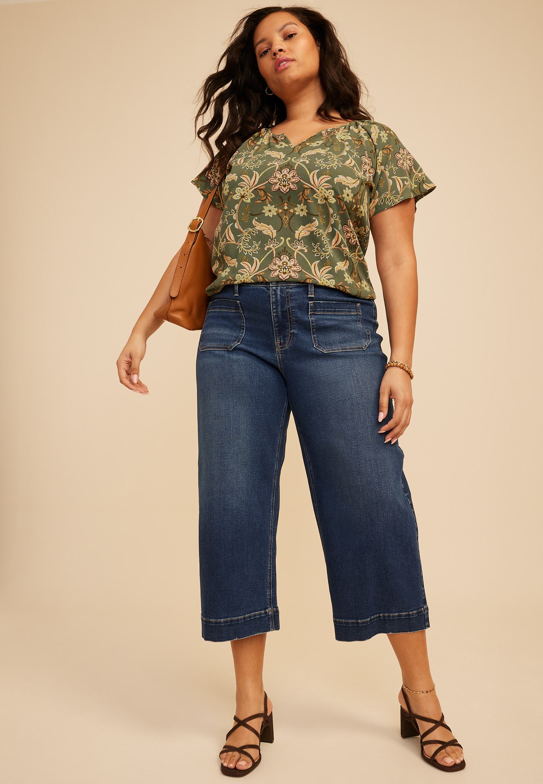 Plus Size Floral Notch Neck Flutter Sleeve Blouse