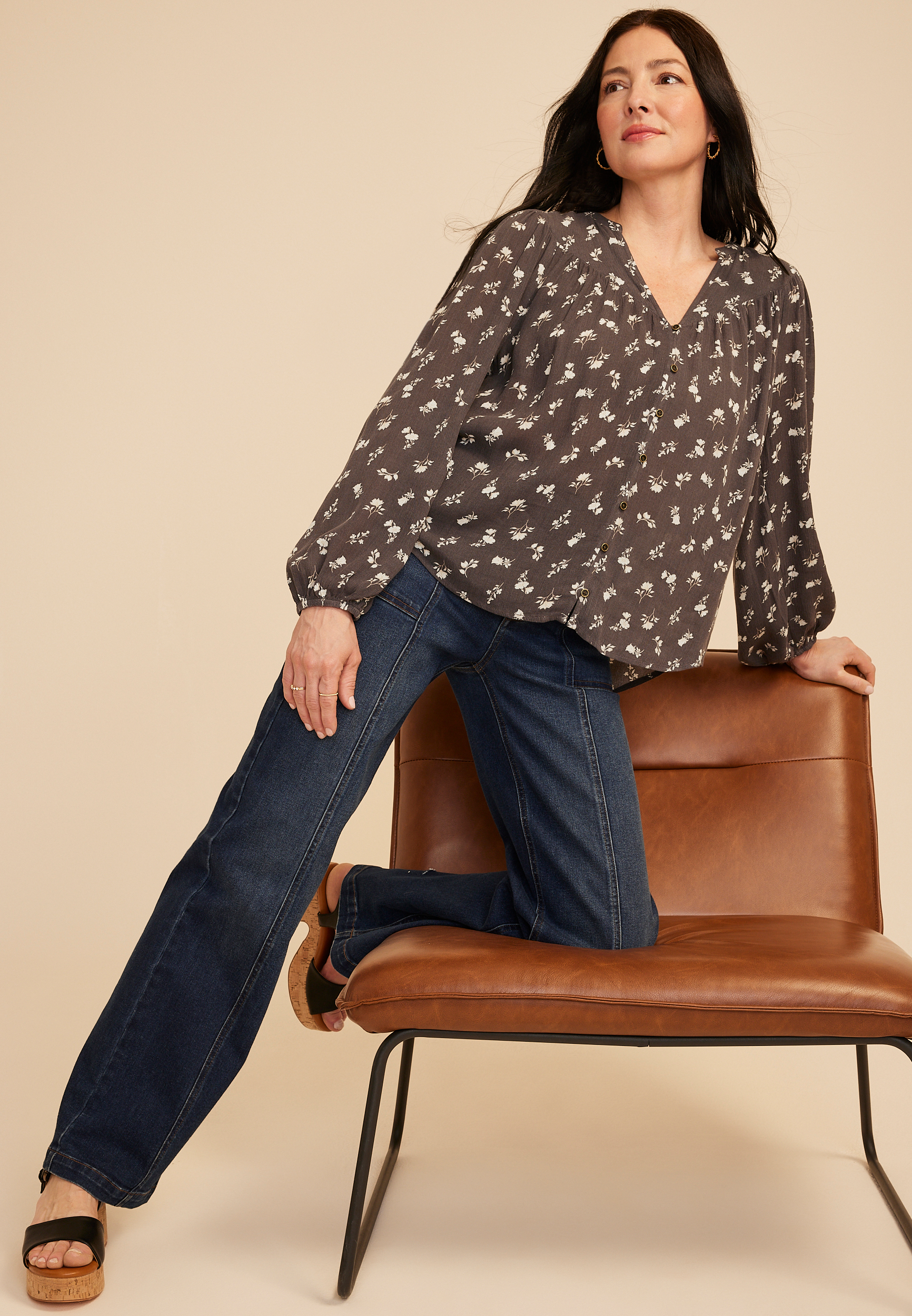 V Neck Button Down Blouse