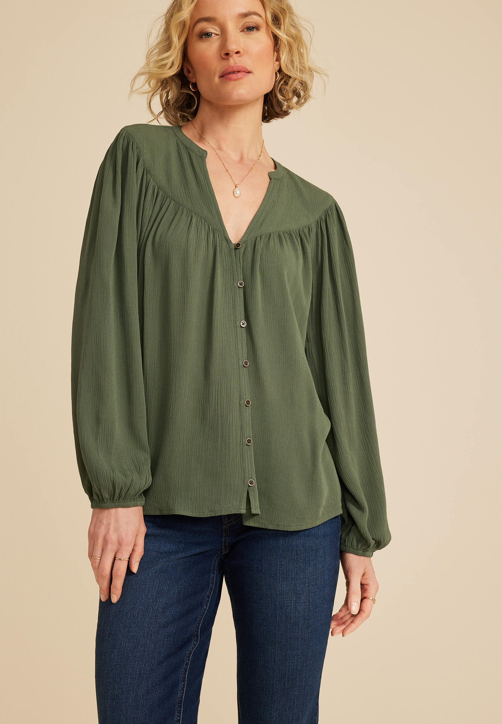 V Neck Button Down Blouse - thumbnail 6