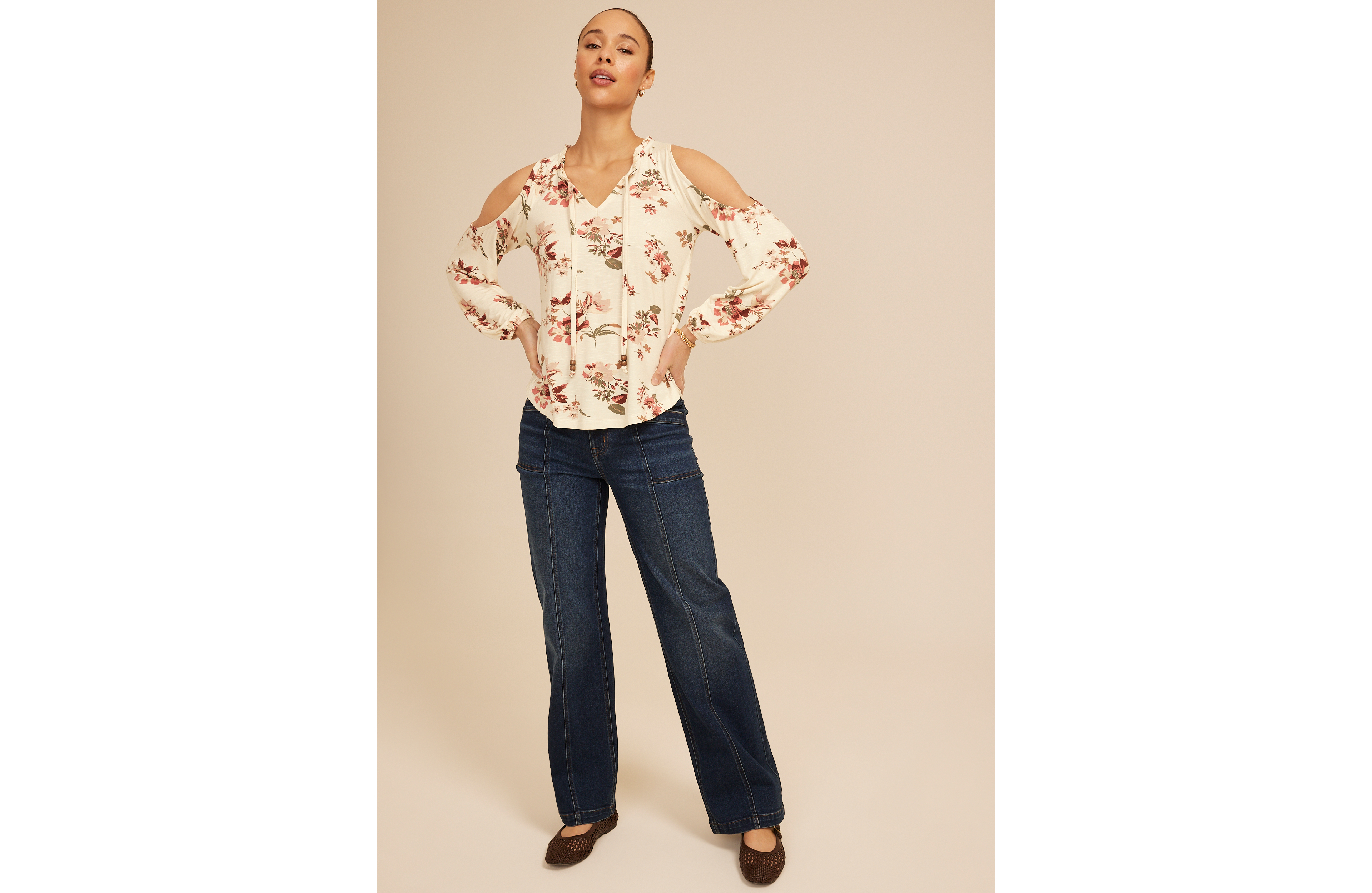 Floral Cold Shoulder Beaded Tie Neck Blouse
