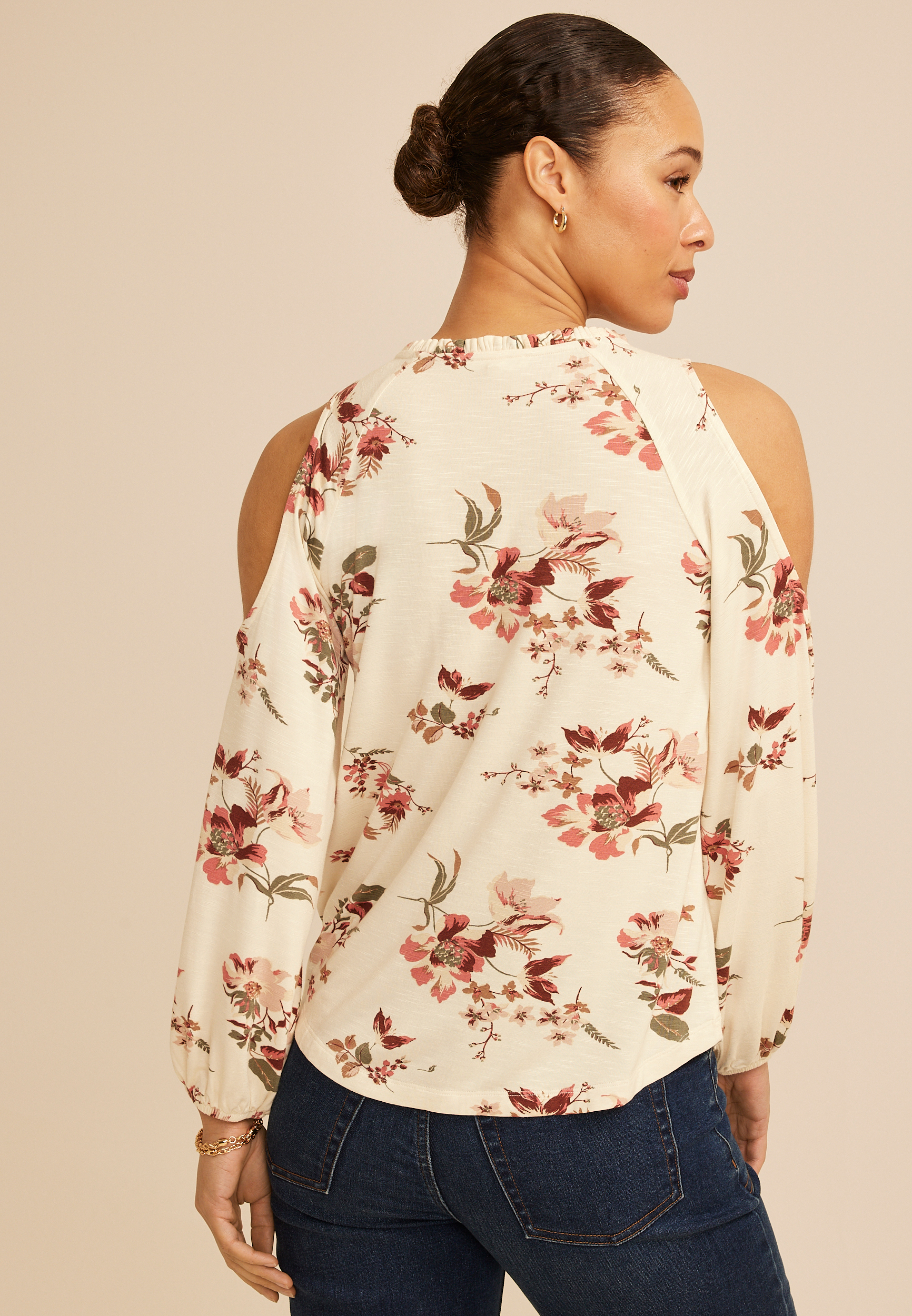 Floral Cold Shoulder Beaded Tie Neck Blouse, C5487, large