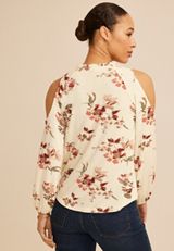 Floral Cold Shoulder Beaded Tie Neck Blouse, C5487, small