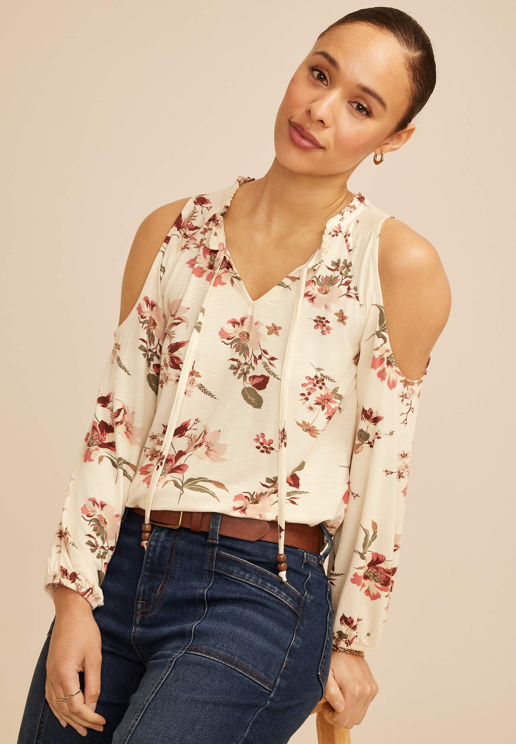 Floral Cold Shoulder Beaded Tie Neck Blouse, C5487, large