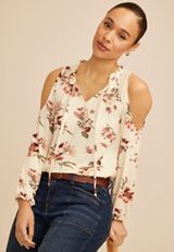 Floral Cold Shoulder Beaded Tie Neck Blouse, C5487, small