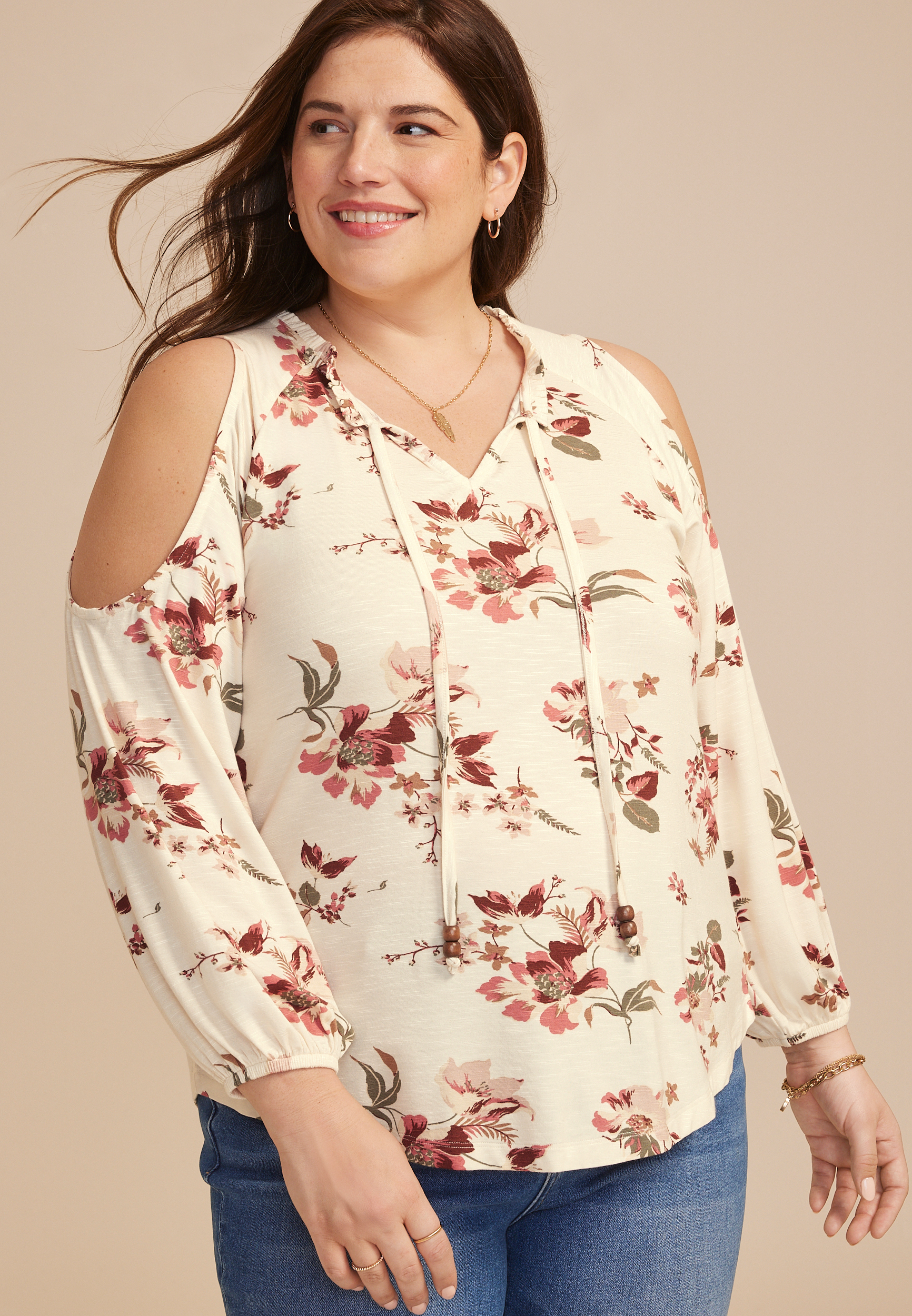 Plus Size Floral Cold Shoulder Beaded Tie Neck Blouse