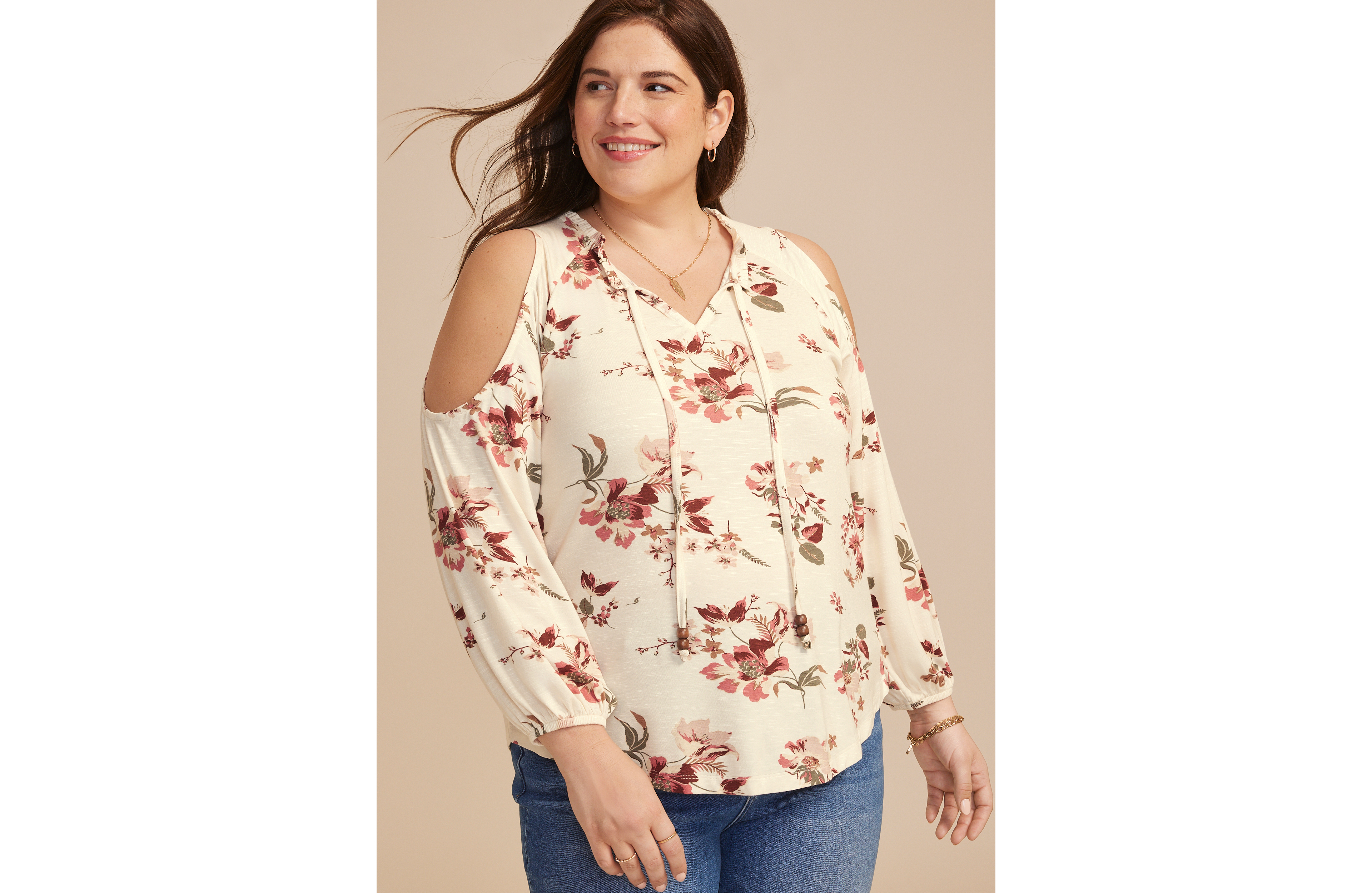 Plus Floral Cold Shoulder Beaded Tie Neck Blouse