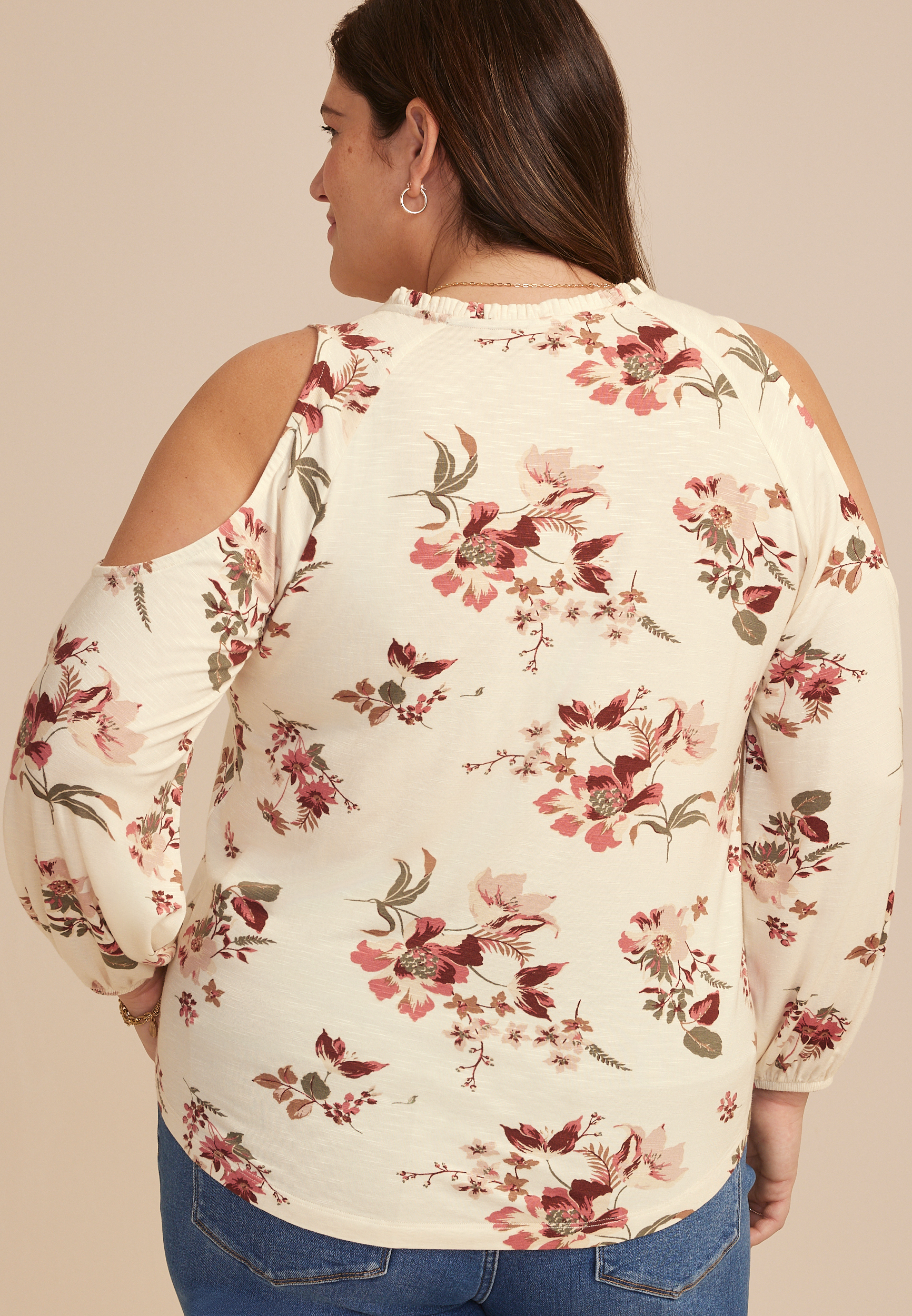 Plus Size Floral Cold Shoulder Beaded Tie Neck Blouse, C5487, large