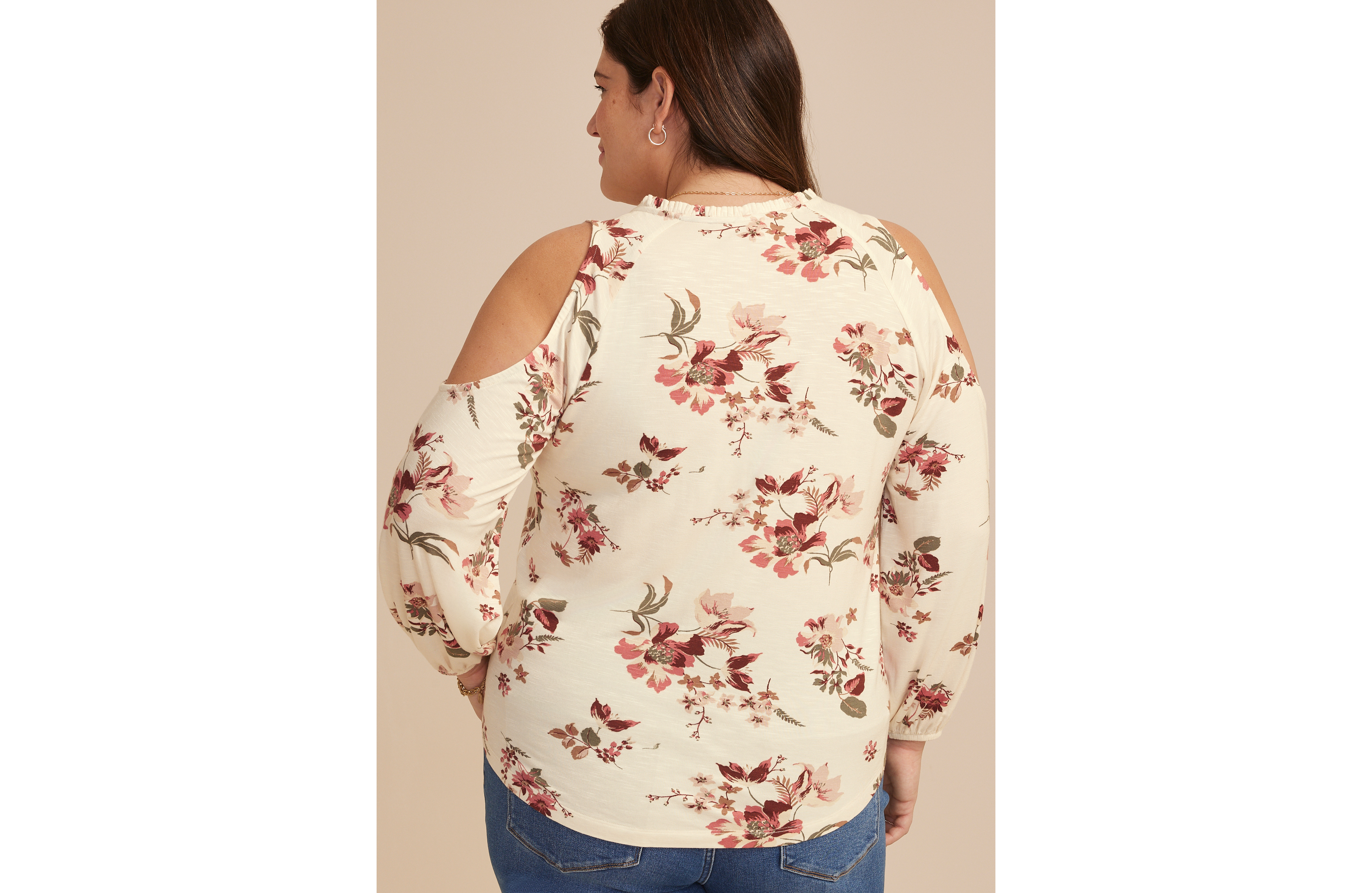 Plus Floral Cold Shoulder Beaded Tie Neck Blouse