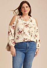 Plus Size Floral Cold Shoulder Beaded Tie Neck Blouse, C5487, small