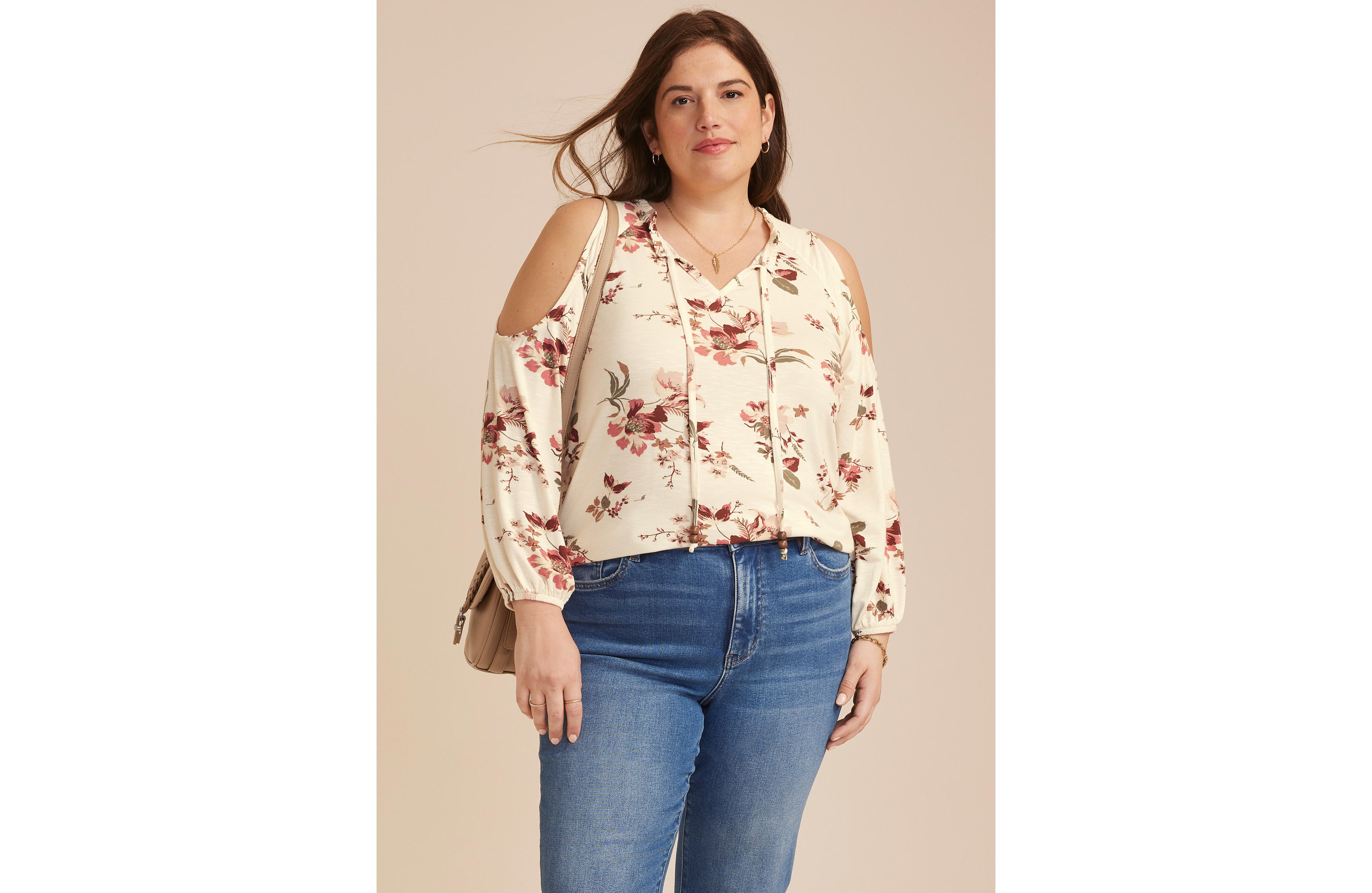 Plus Floral Cold Shoulder Beaded Tie Neck Blouse