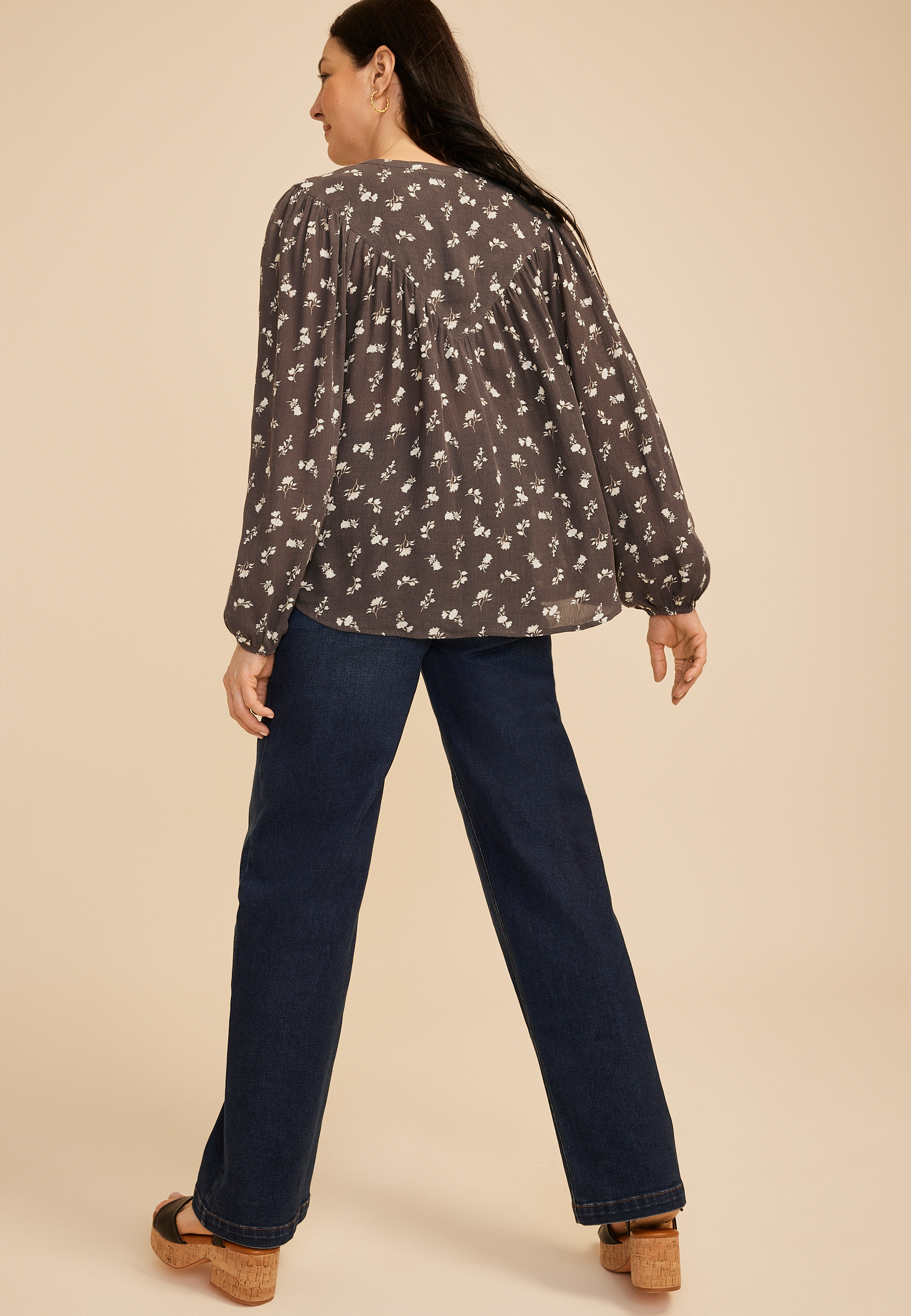 Floral V Neck Button Down Blouse, C1755, large