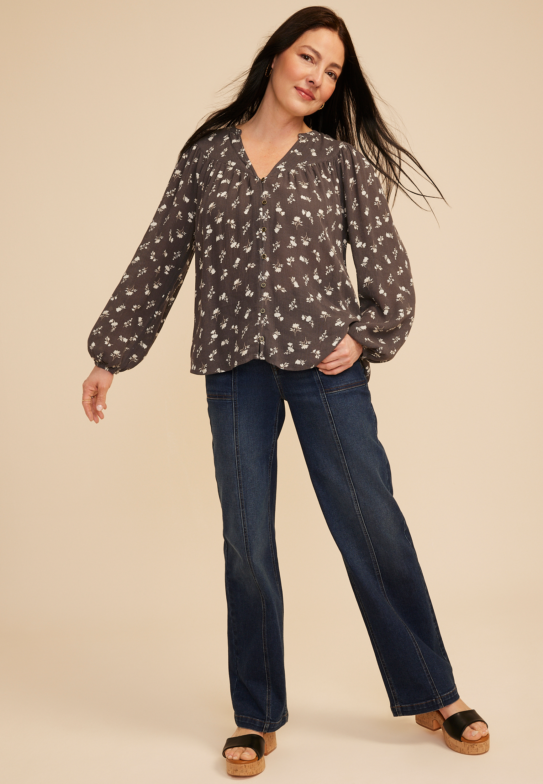 Floral V Neck Button Down Blouse, C1755, large