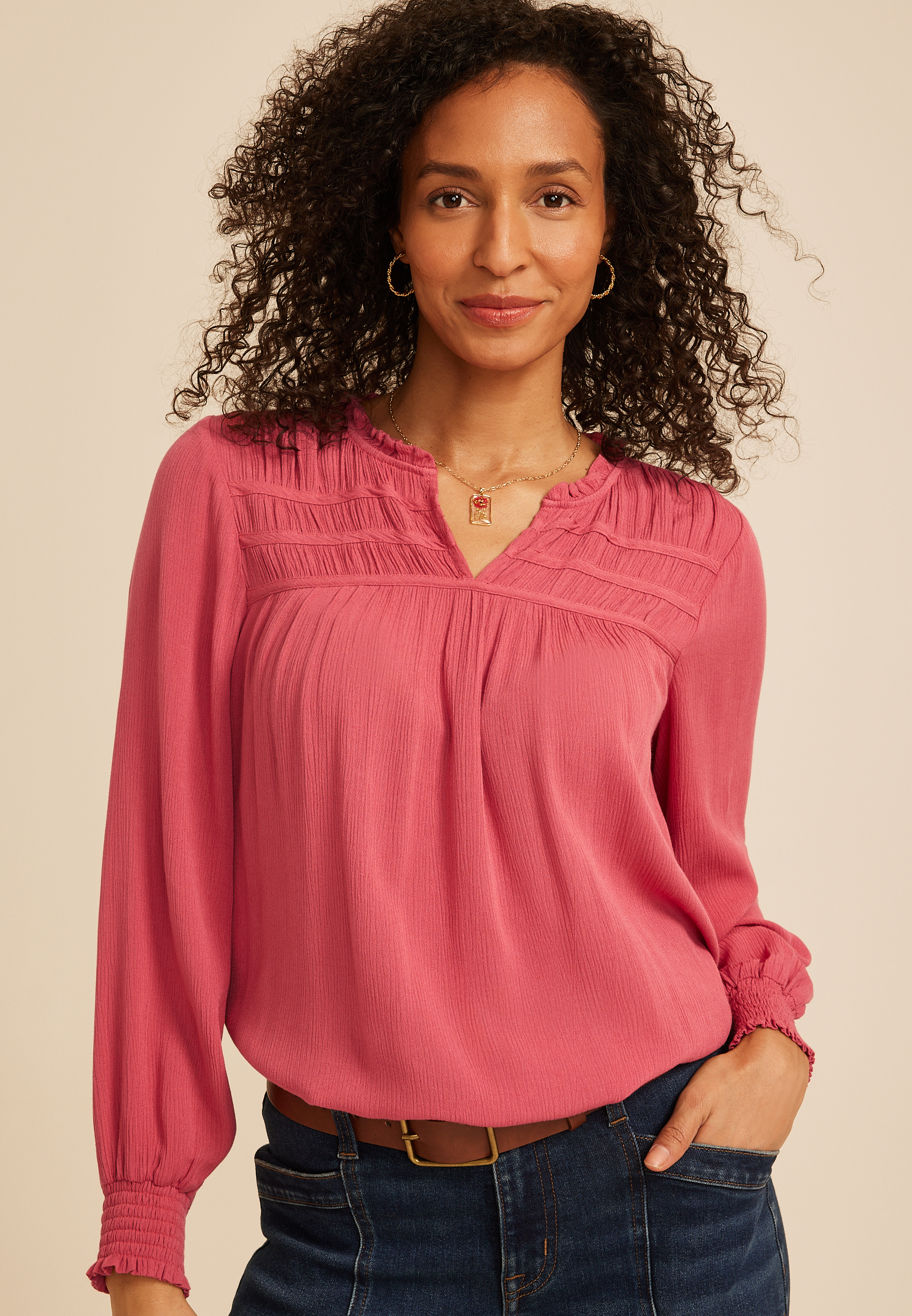 Ruffle Trim Split Neck Blouse
