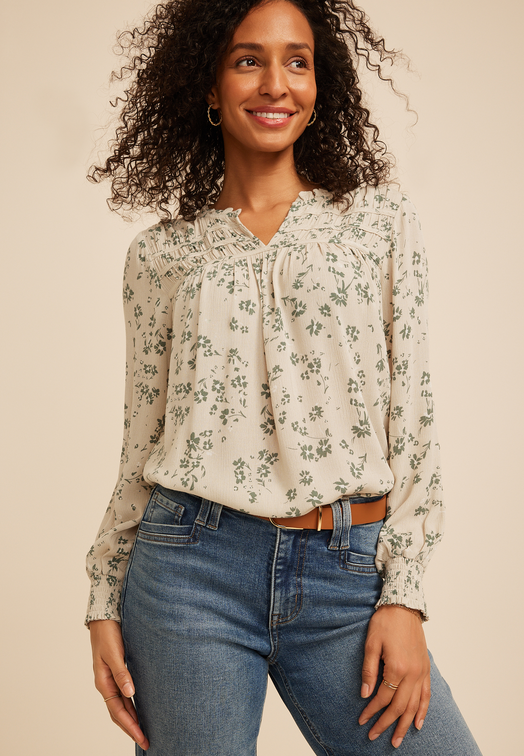Ruffle Trim Split Neck Blouse