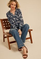 Ruffle Trim Split Neck Blouse, NAVY BLUE COMBO, small