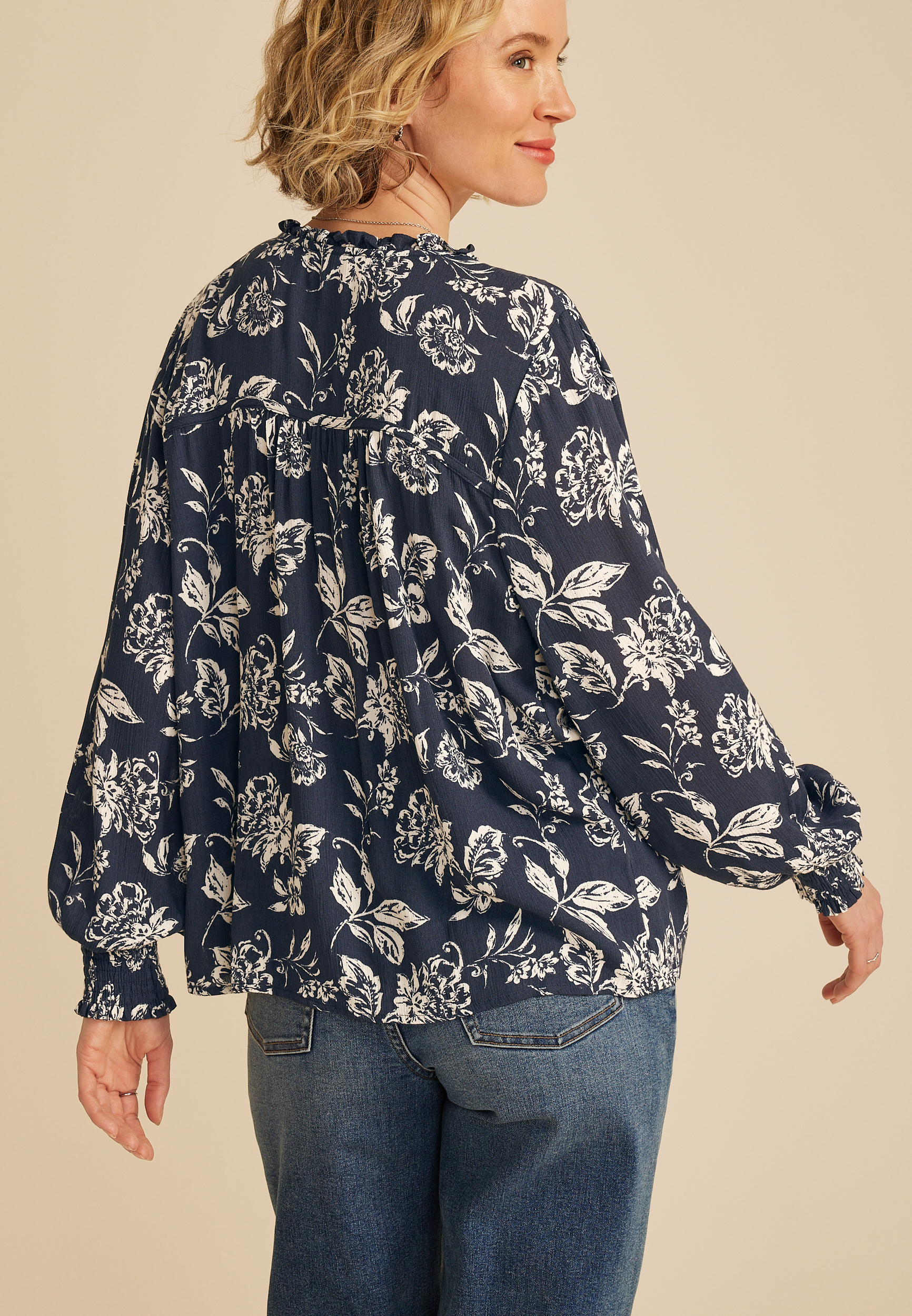 Ruffle Trim Split Neck Blouse, NAVY BLUE COMBO, large