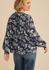 Ruffle Trim Split Neck Blouse, NAVY BLUE COMBO, small