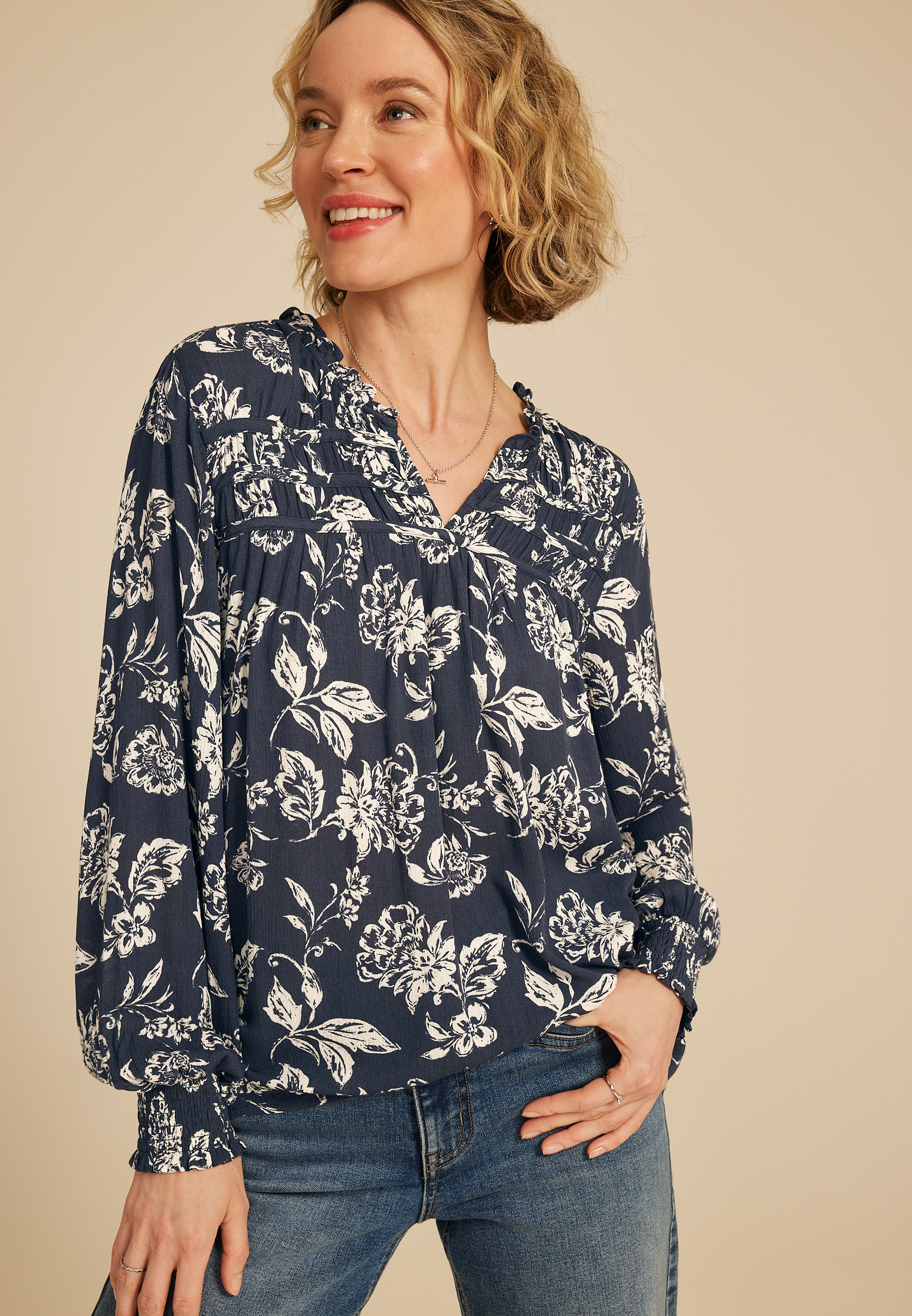 Ruffle Trim Split Neck Blouse, NAVY BLUE COMBO, large