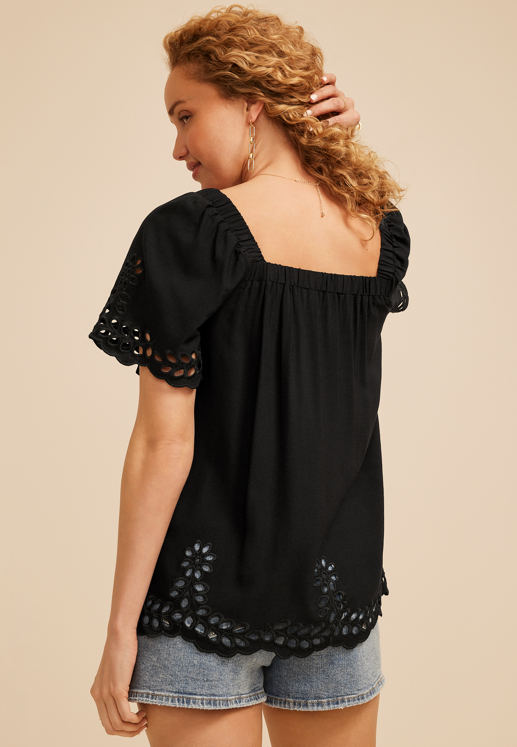 Floral Eyelet Square Neck Blouse, C106, large