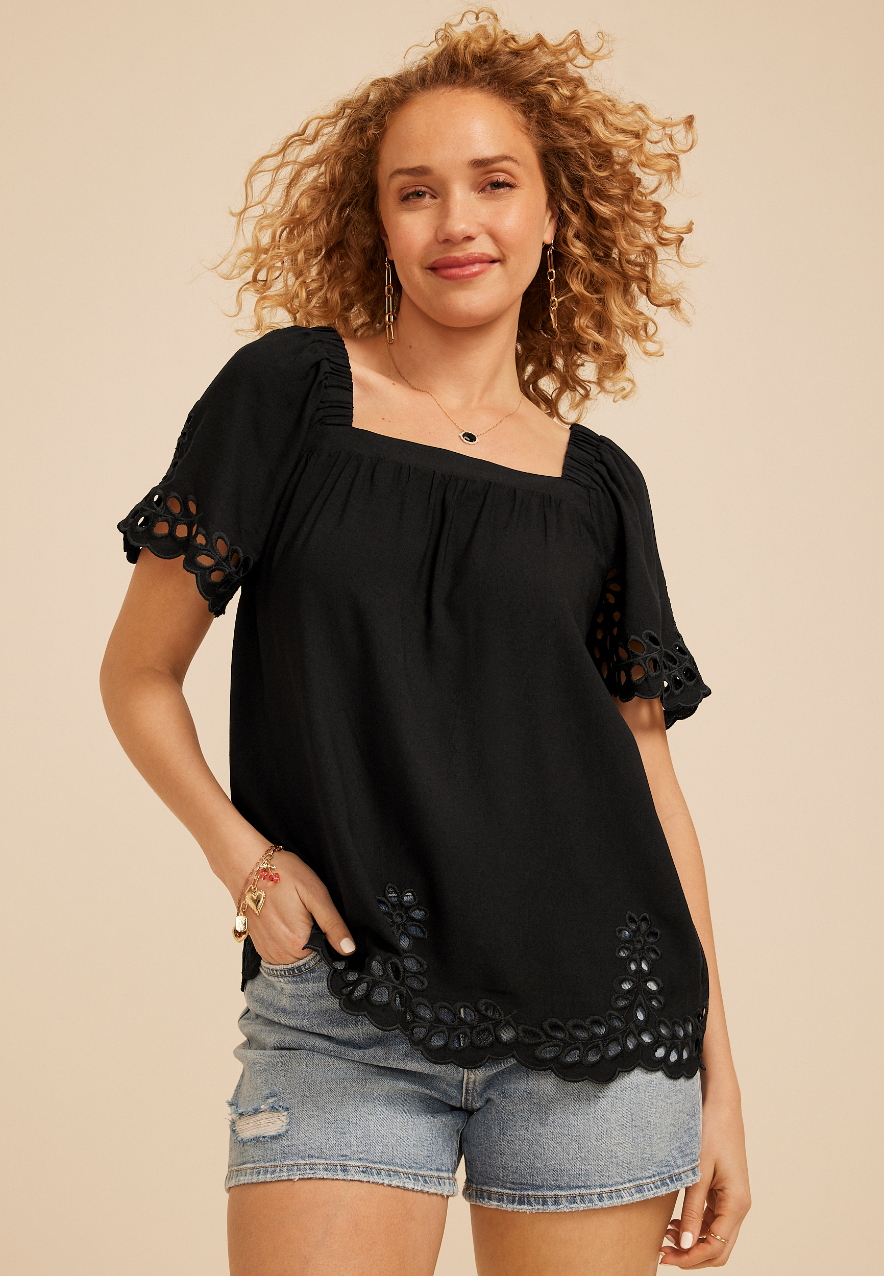 Floral Eyelet Square Neck Blouse | maurices