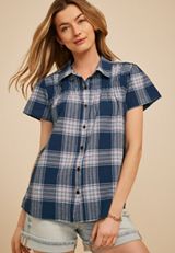 Blue Plaid Short Sleeve Button Down Shirt, C1606, small