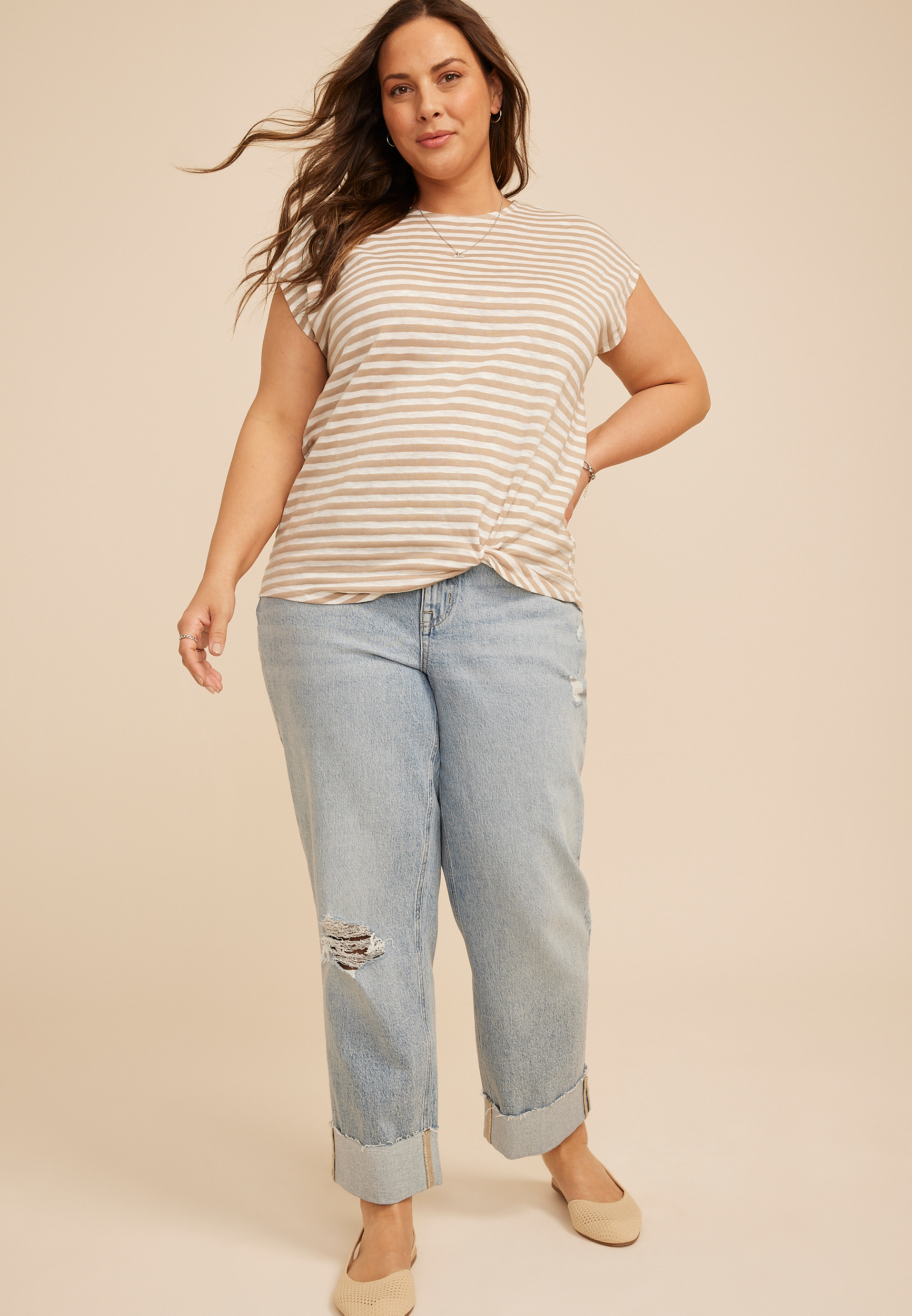 Plus Size 24/7 Austin Striped Knot Hem Short Sleeve Tee, C1265, large