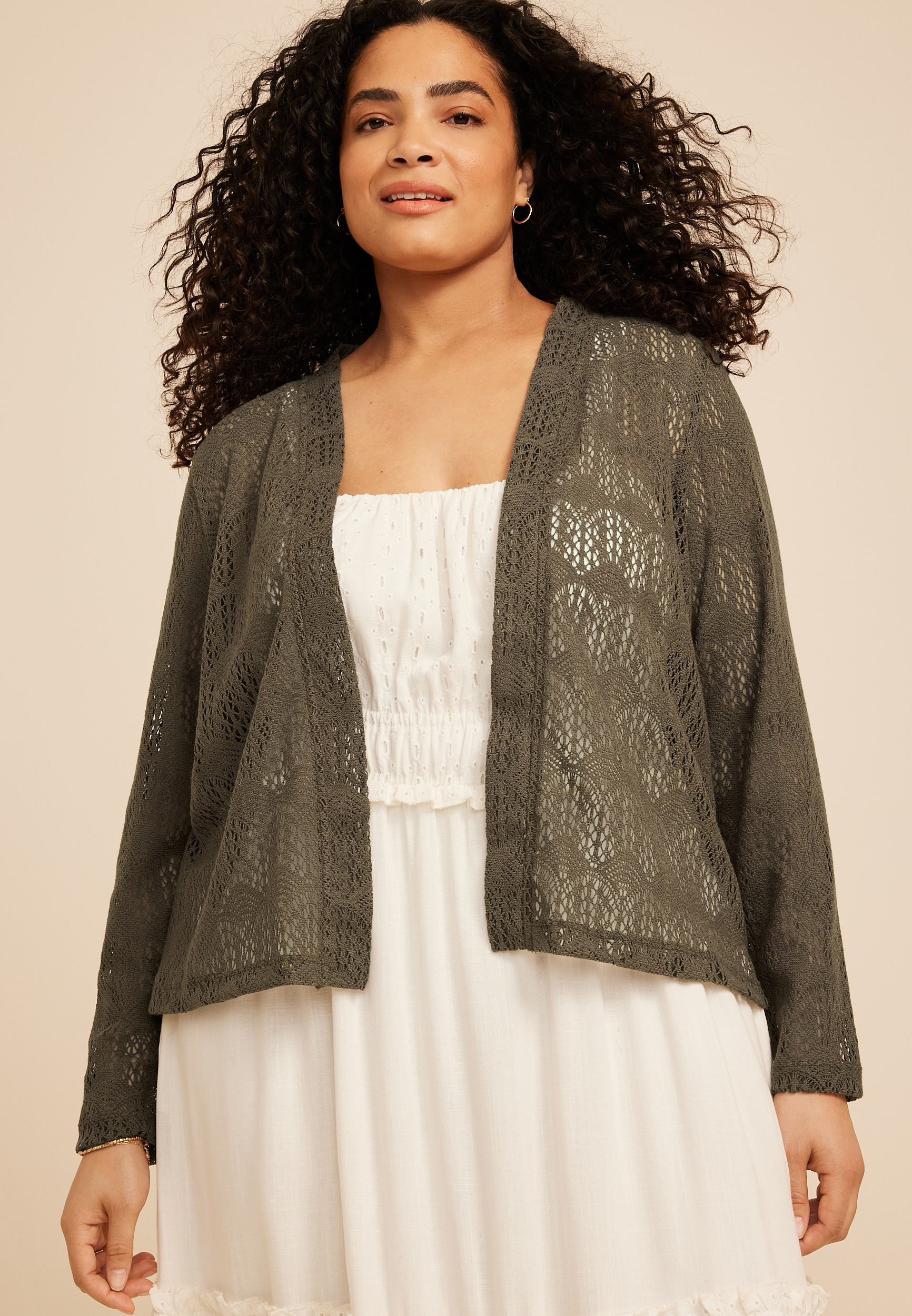 Plus Size Open Stitch Crochet Cardigan, C7657, large