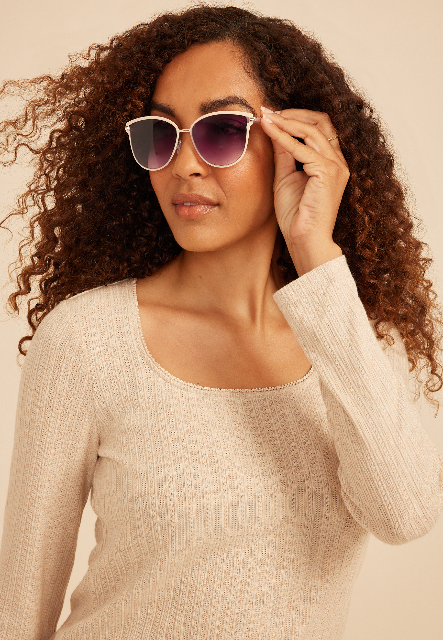 Enamel Metal Trim Cat Eye Sunglasses, C393, large