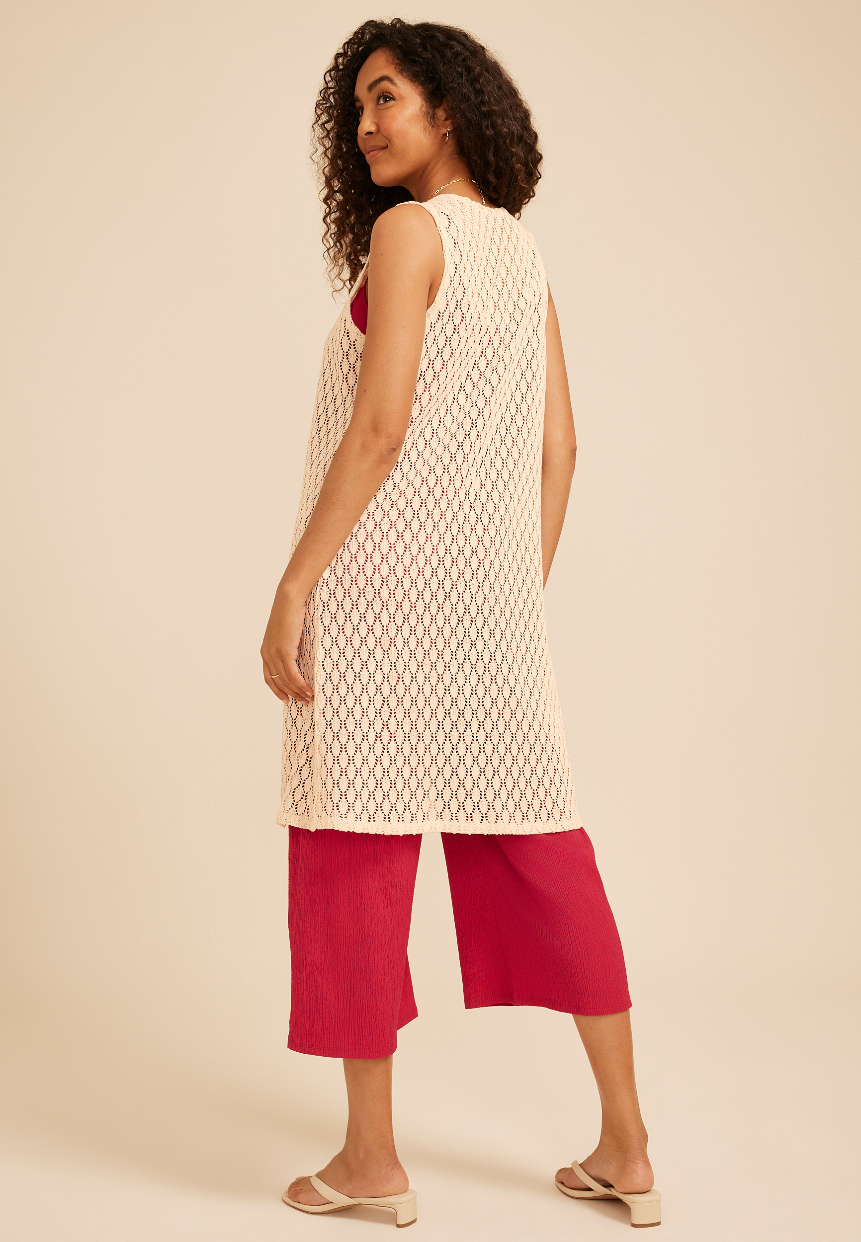 Crochet Duster Length Open Front Vest, C254, large