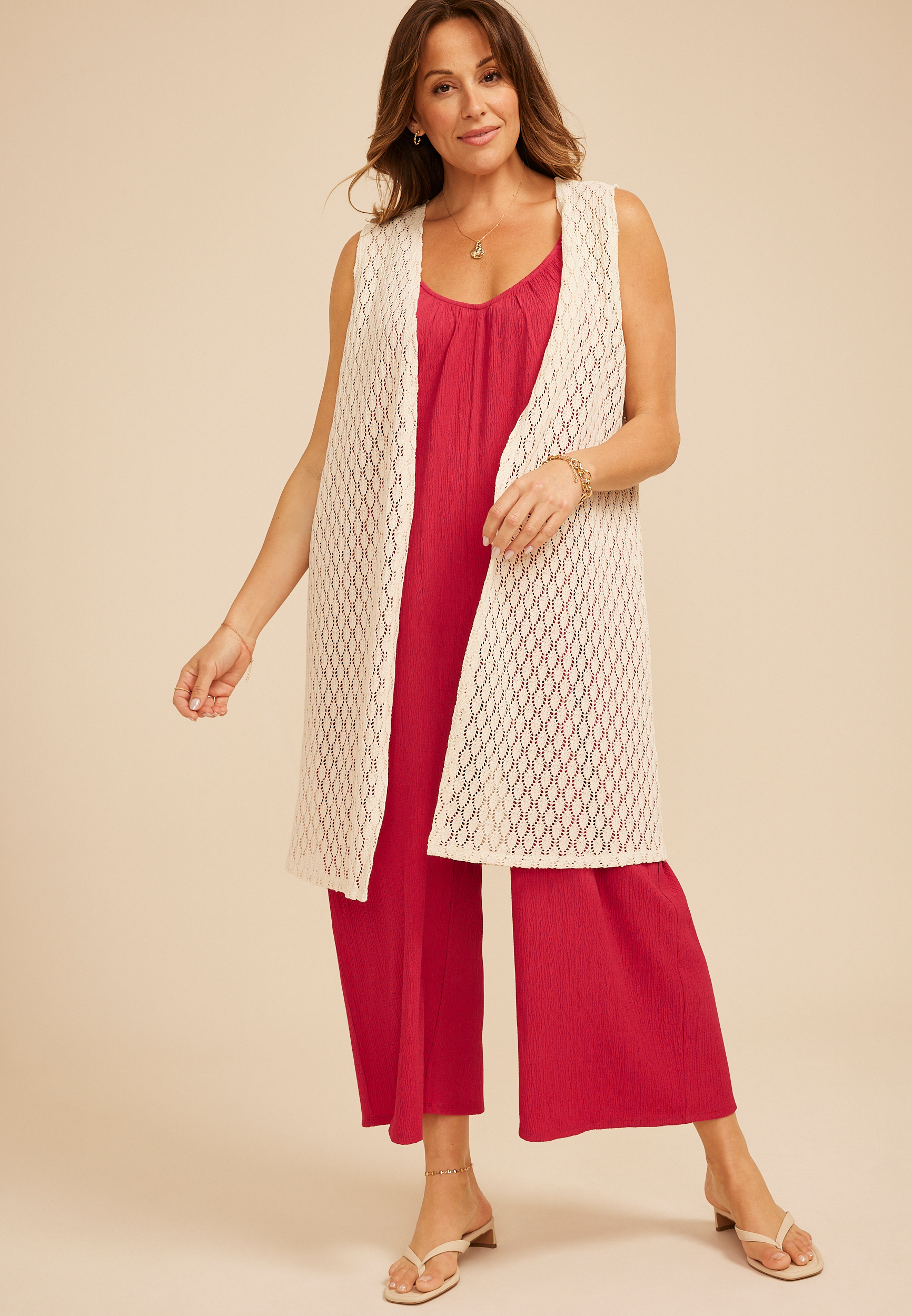 Plus Size Crochet Duster Length Open Front Vest, C254, large