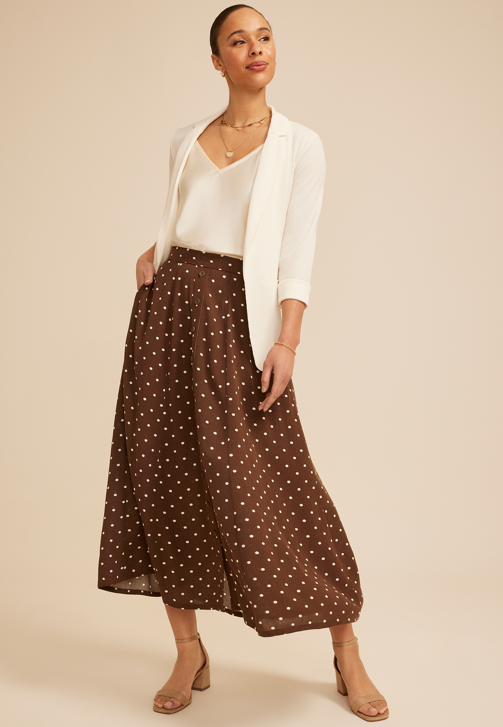 Polka Dot Button Front Maxi Skirt, C6115, large