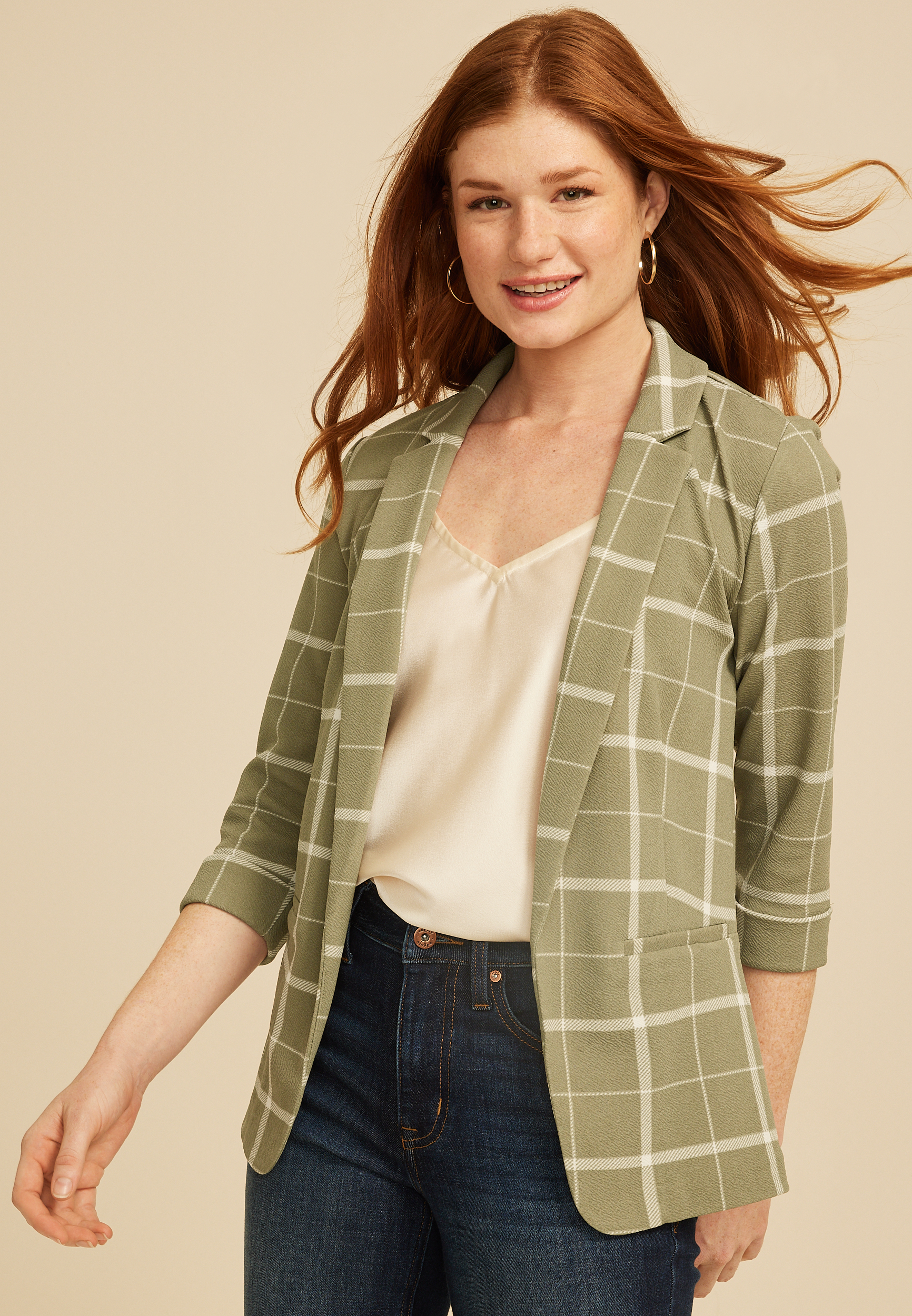 Versa Windowpane Plaid 3/4 Sleeve Blazer