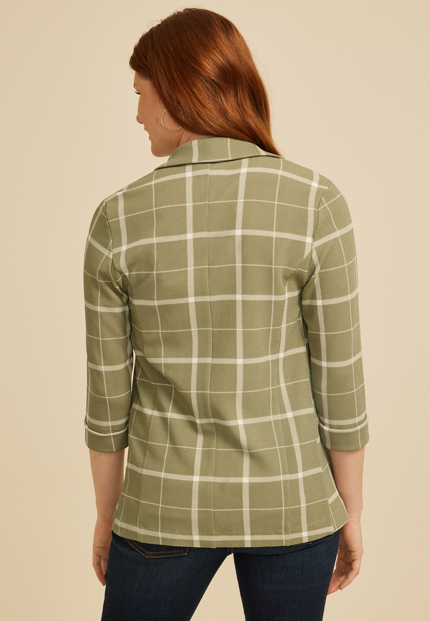 Versa Windowpane Plaid 3/4 Sleeve Blazer