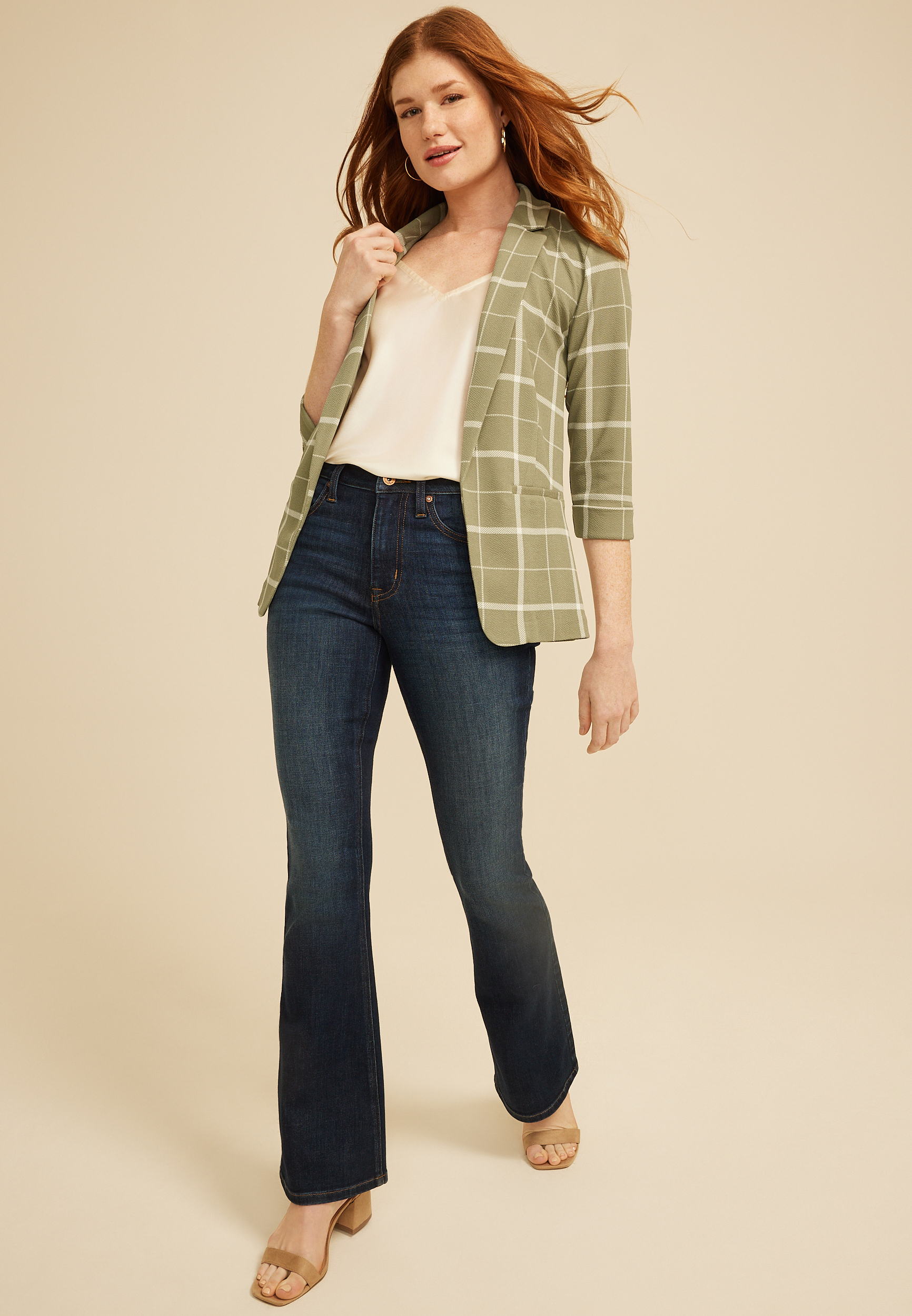 Versa Windowpane Plaid 3/4 Sleeve Blazer, C1829, large